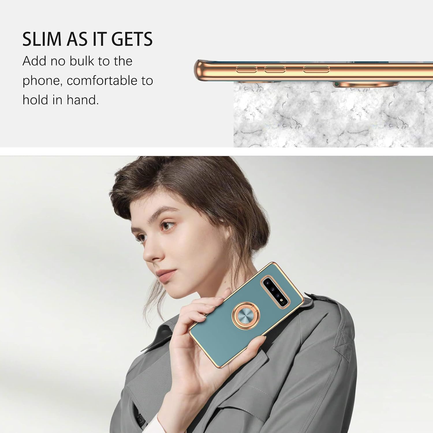 DUEDUE for Samsung Galaxy S10 Plus Case with Ring Holder Kickstand 360 Degree Rotation Magnetic Car Finger Slim Cover Shockproof Full Body Protective Phone Case for Samsung S10 Plus, Gray Green - Image 2