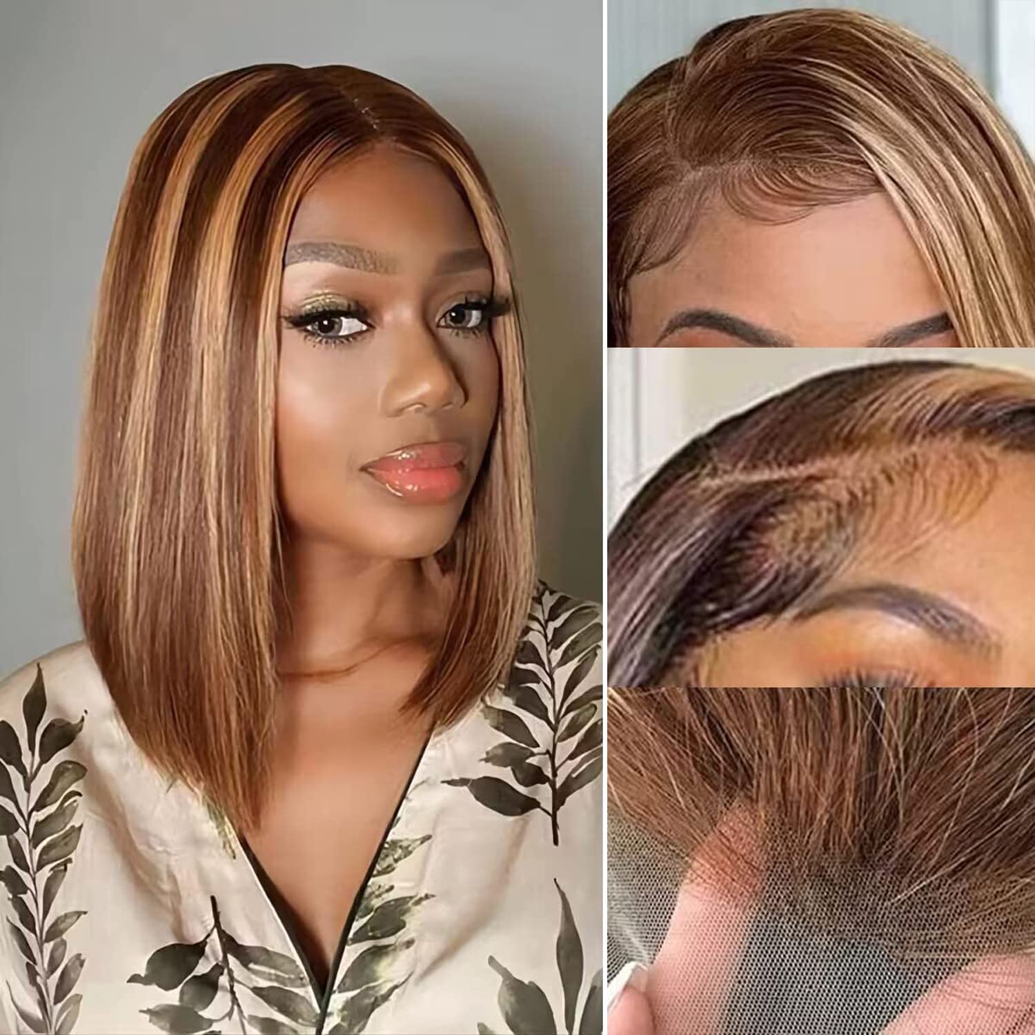 Bob Wig - Human Hair, Highlight Ombre, Honey Blonde, 4x4 Lace Front, Straight, 150% Density, 14 inch
