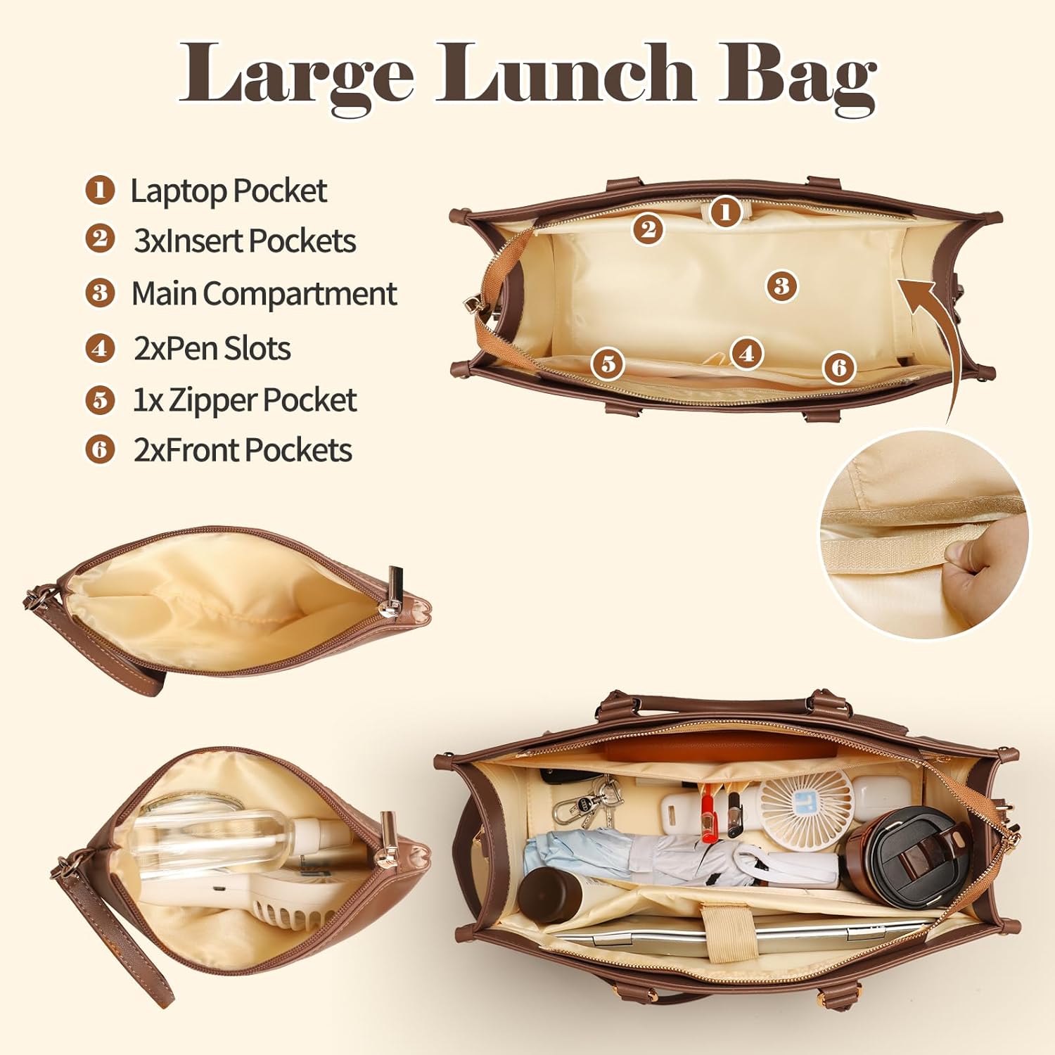 miss fong Lunch Tote Bag for Women - Large Capacity Lunch Box 2 in 1 Laptop Bag with Insulated Lunch Compartment Lunch Bag Laptop Work Tote Bag for Business, Teacher, Nurse, Casual, Travel-Brown | Large Lunch Tote Bag - Image 4