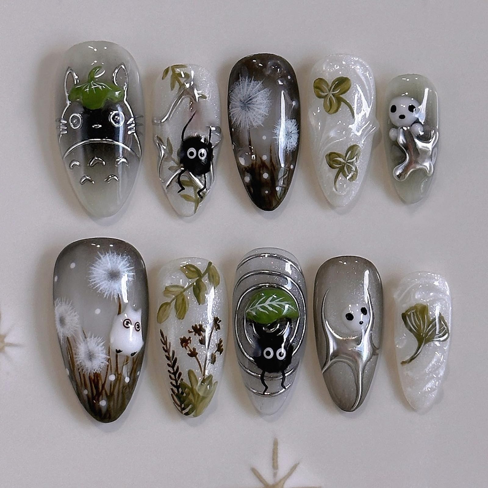 Medium Almond Press on Nails SWEKKE Aesthetic Fake Nails Cute False Nails with Cat Dandelion Designs Black&White Glossy Glue on Nails Stick on Nails