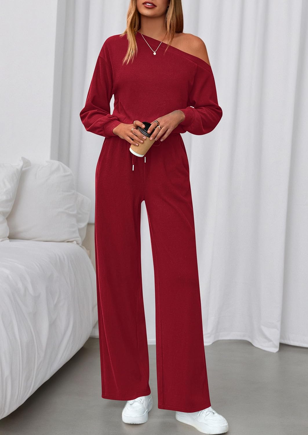 PRETTYGARDEN Long Sleeve Jumpsuit For Women Dressy 2026 Off Shoulder One Piece Loose Wide Leg Jumpsuits Casual Flowy Romper - Image 8