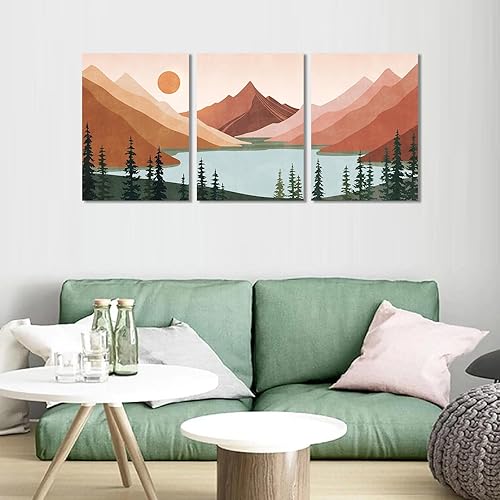 Miniatura 3 de Arte de pared bohemio enmarcado moderno de mediados de siglo, impresiones geométricas de bosque de montaña, lago, ilustraciones abstractas, arte