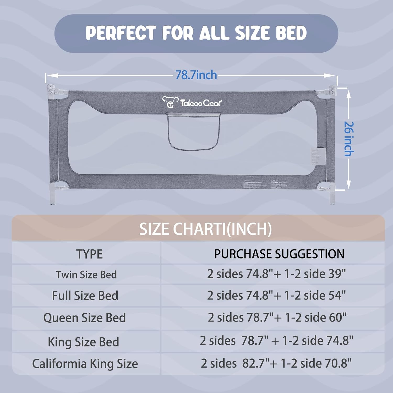 G TALECO GEAR Bed Rail for Toddlers, Stable Protective Bed Side Rails, Baby Bedrail Guard for Twin Full Queen & King Size Bed (78.7 Inch, 1 Piece)