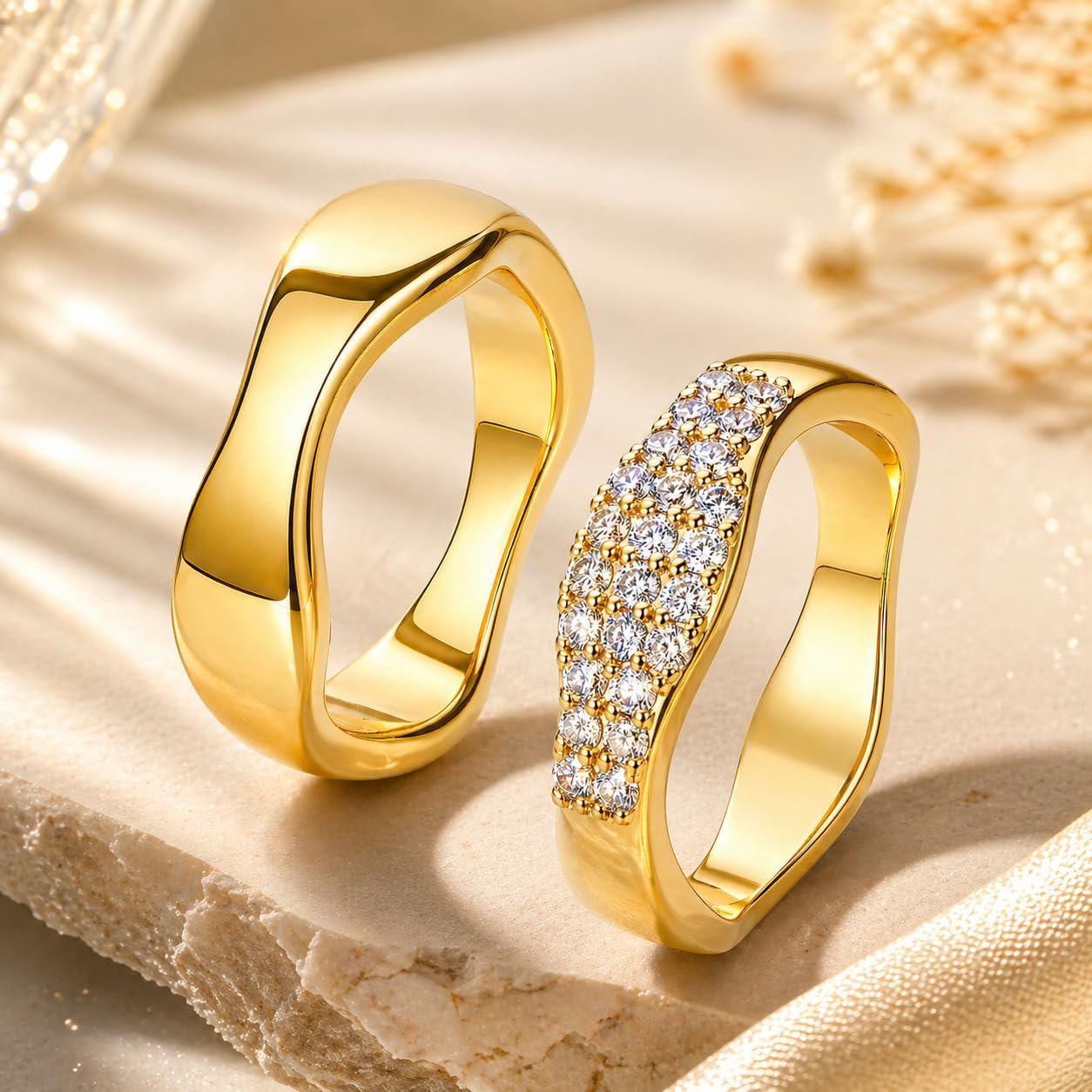 YANODA Chunky Wavy Gold Rings for Women, 14K Gold Plated Statement Rings with CZ Stackable Gold Rings Minimalist Fashion Jewelry for Everyday Wear Size 6 7 8 9 10