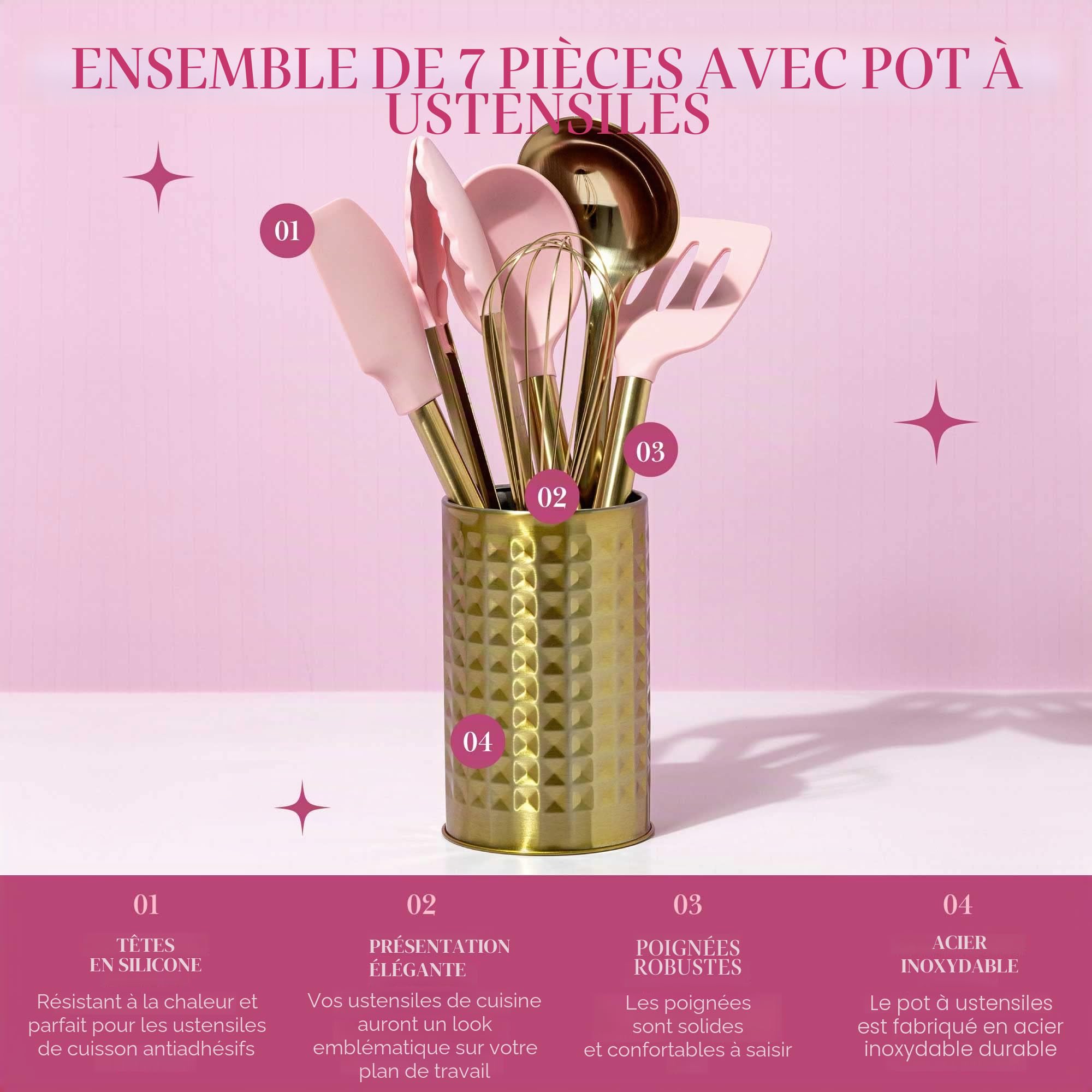 Paris Hilton Ensemble de 7 ustensiles de cuisine en acier inoxydable rose