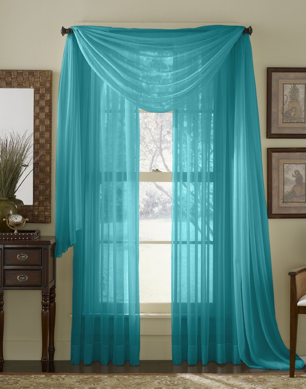 Amari Linen Sheer Window Treatment Panel Drape Curtains or Scarf Valance (2 Panels 110"x84", Turquoise)