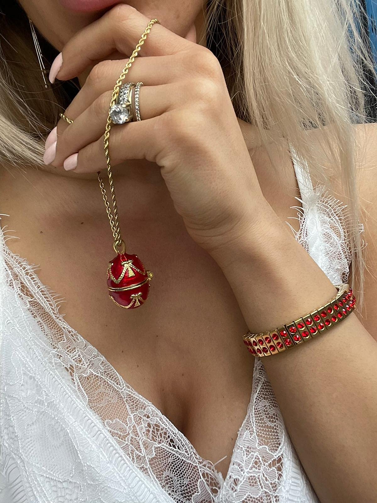 FABERGE Luxury Ruby Jewelry SET for Ladies Necklaces Set Bracelets for women FABERGE Egg Pendant Bracelet Necklace Set Adjustable 24K GOLD Gold chain Special Gifts for Daughter Sister Girlfriend 2CT