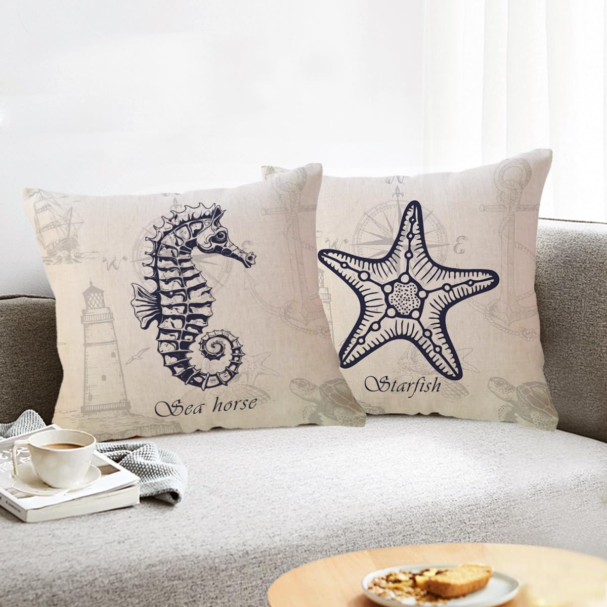 ULOVE LOVE YOURSELF Ocean Beach Pillow Covers Double-Sided Blue Sea Life Cushion Covers Seaturtle/Octopus/Seahorse/Crab/Coral/Starfish Coastal Nautical Decorative Pillowcases 18x18 Inch 6Pack (Beige)