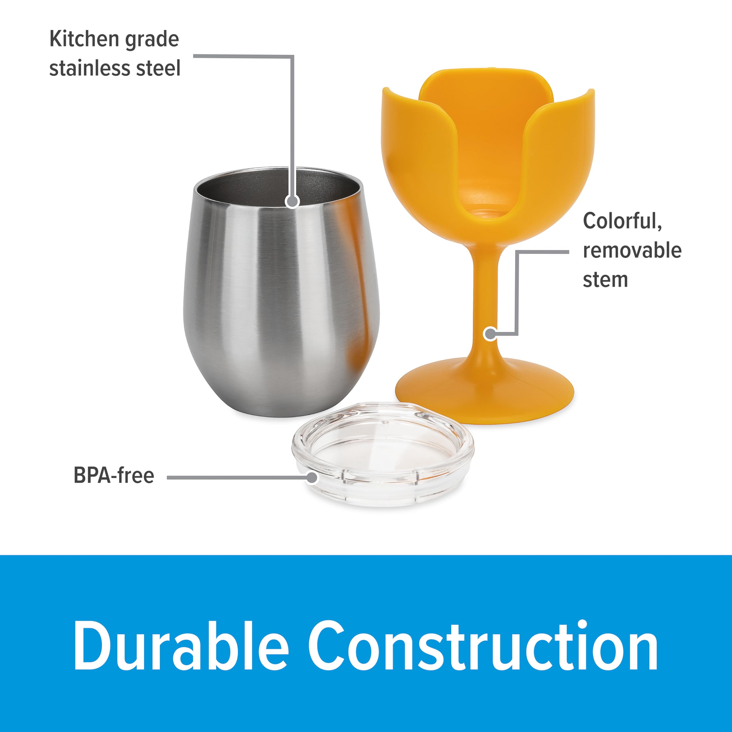 Camco Life is Better at The Campingplatz-Weingläser, 4er-Pack, Merkmale: (4) Edelstahlbecher mit abnehmbaren Stielen, ideal für Camping, Heckklappe und Partys (53465)