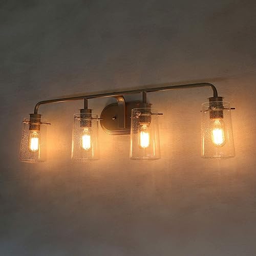 Miniatura 8 de KSANA Lámpara de tocador de baño, 31 pulgadas, lámparas de baño doradas, 4 luces, modernas luces de tocador doradas para baño con pantalla de vidrio