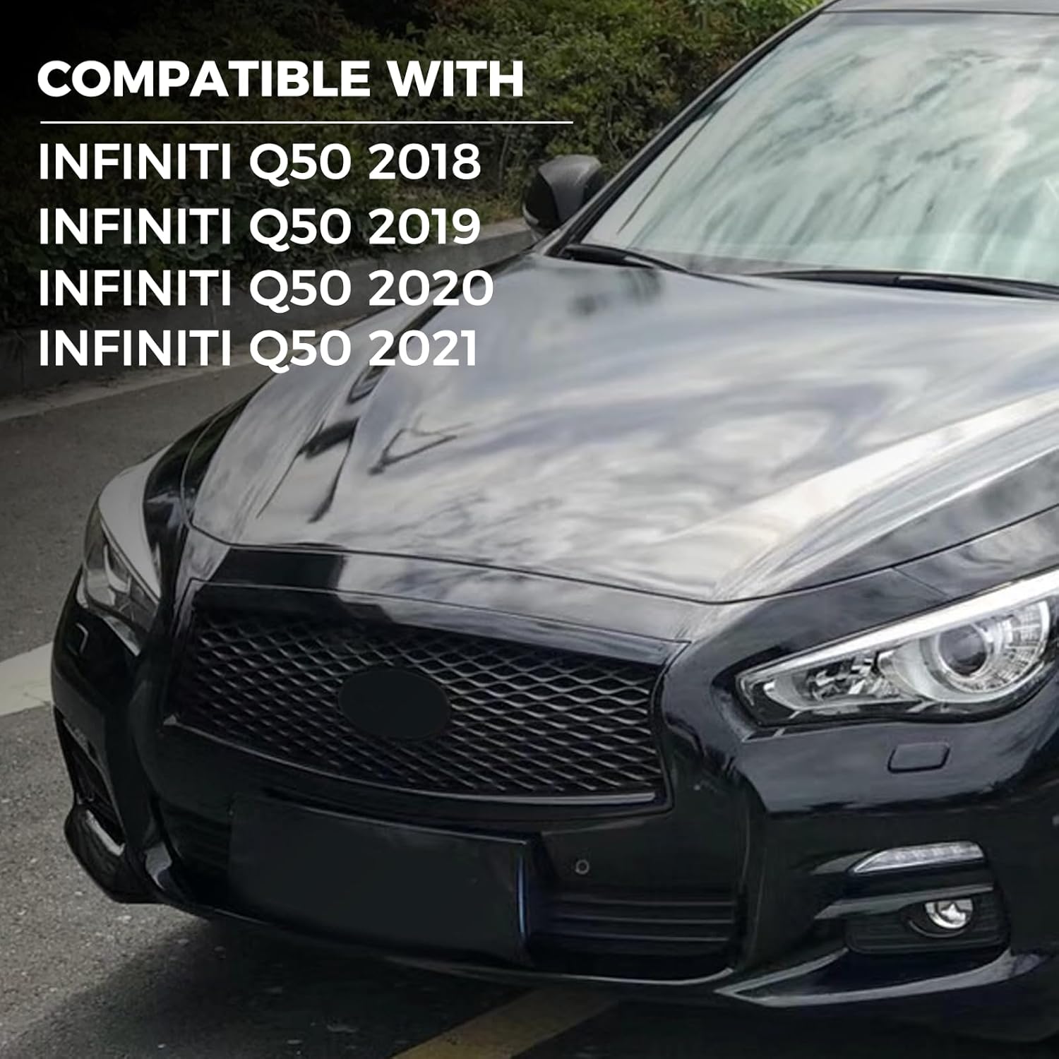 Front Bumper Upper Grill Replacement Compatible with 2018-2021 Infiniti Q50 Gloss Black Mesh Grille Assembly W/Sensor Hole W/Camera Hole