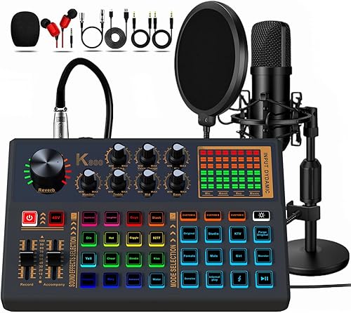 Paquete de equipo de podcast, paquete de micrófono de condensador de 48 V con 3 botones de efectos de sonido personalizados, paquete de estudio de
