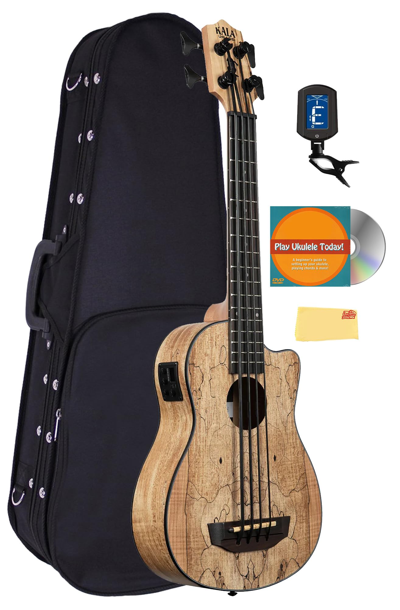 Kala U-BASS-SP-MAPL-FS U-Bass-Bass-Set aus Spalted-Ahorn mit Tasche, Stimmgerät, Austin Bazaar Anleitungs-DVD und Poliertuch