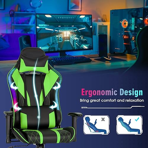 Miniatura 5 de Giantex Silla de juegos con luces LED RGB, silla ergonómica de videojuegos, silla de computadora de cuero de PVC con respaldo alto ajustable con
