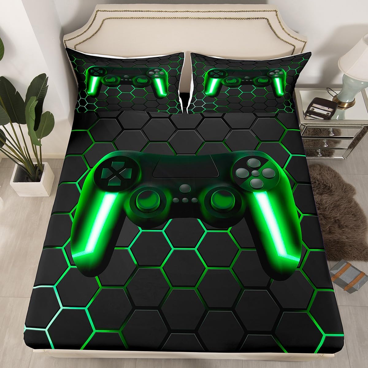 Cool Hexagon Gaming Duvet Cover Set – Green Neon Gamepad Design For Teens & Gamers, Double Size With 2 Pillowcases