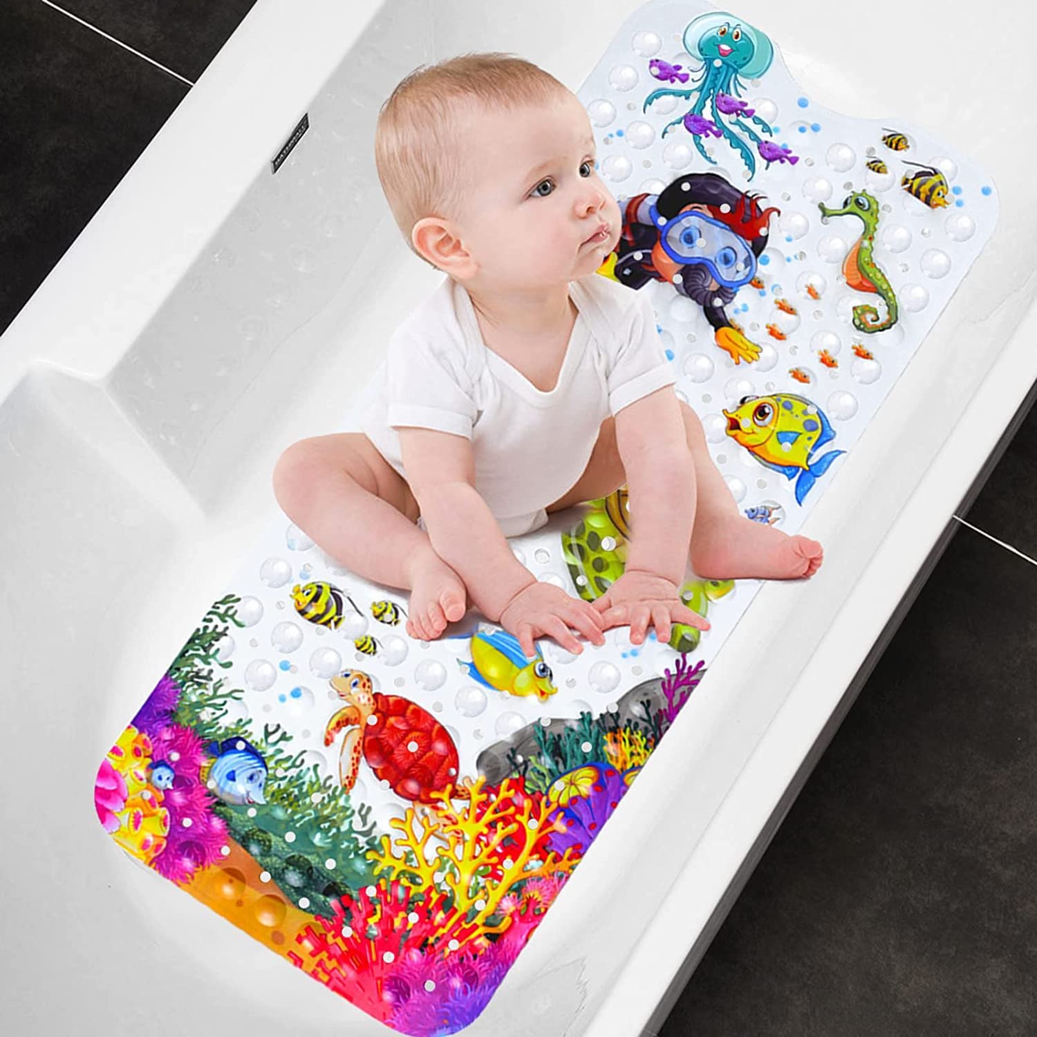 youxiaoshi Tappetino da bagno per bambini, tappetino da bagno per vasca da bagno con fori di scarico e ventose, 100 x 40 cm, morbido e antiscivolo, lavabile in lavatrice (tartaruga)