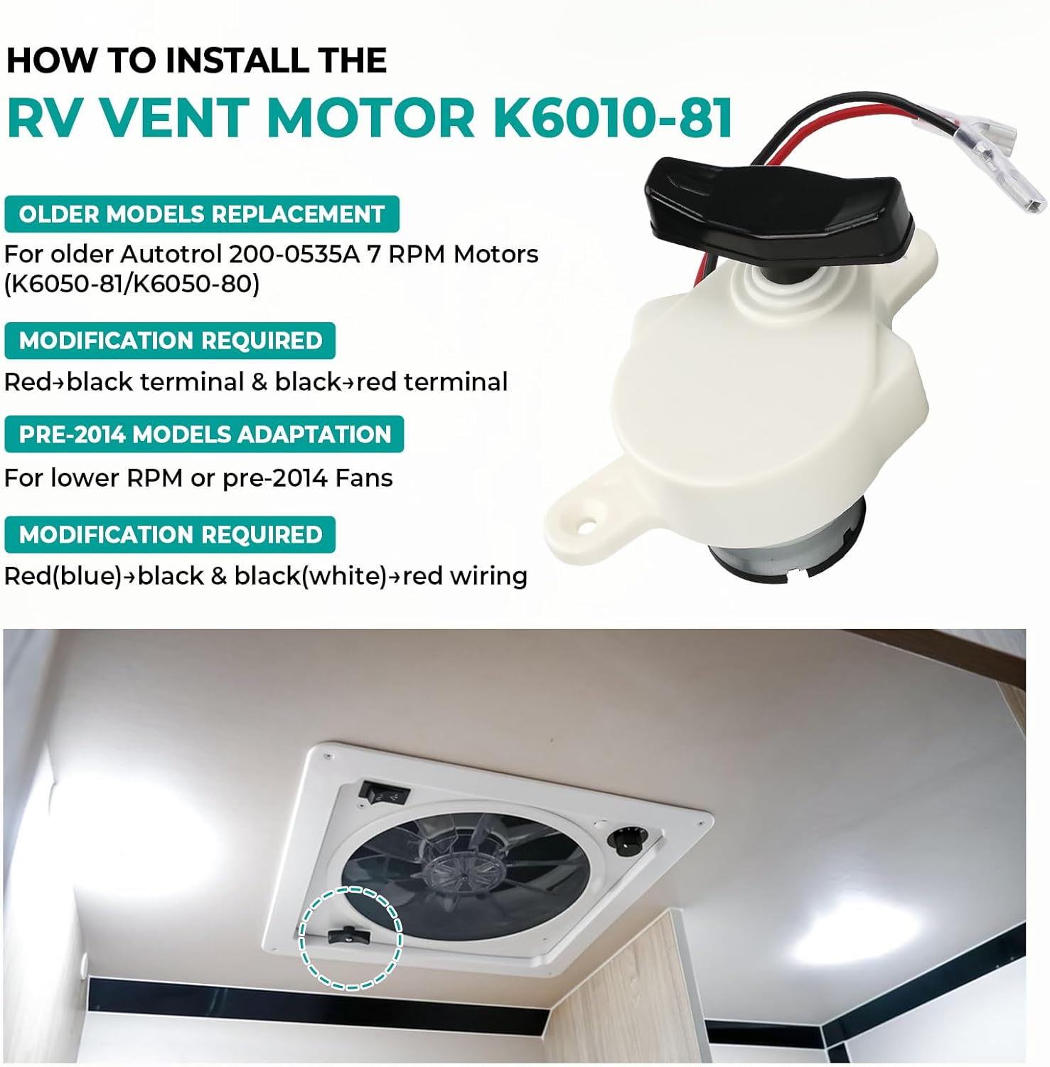 RV Fan Vent K6010-81 Lift Motor Compatible with Dometic Fan-Tastic B Series Models 807350 & 803350 RV Roof Vent 17 RPM Motors, White Cap