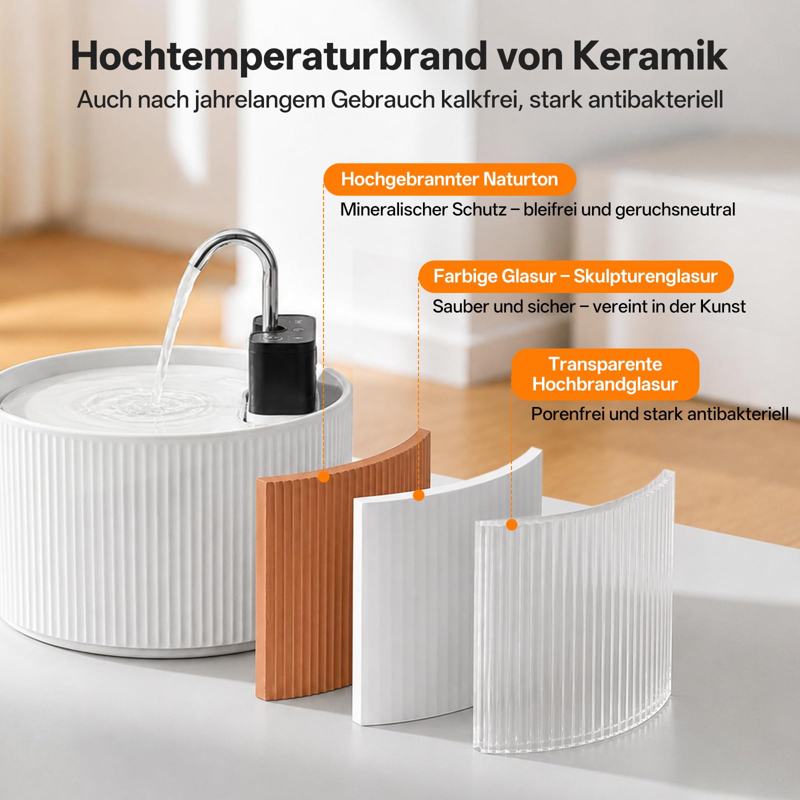Katzenbrunnen Kabellos Keramik, 2,2L Trinkbrunnen für Katzen Keramik, Leise Katzenbrunnen Bewegungsmelde, Automatischer Wasserspender für Katzen und Hunde mit Filtersystem, 4200mAh Akku, Weiß