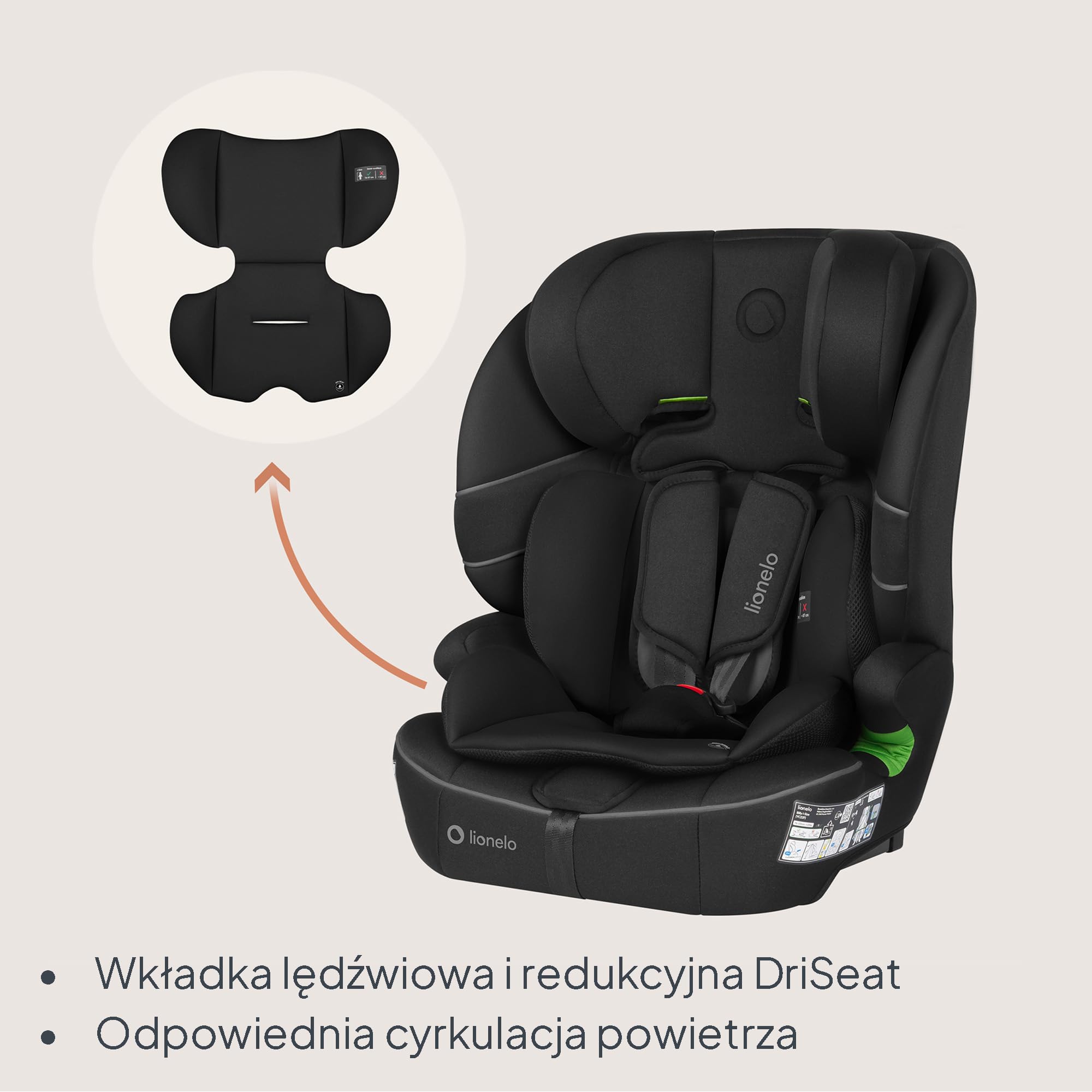 LIONELO Fotelik samochodowy Billy i-Size dla dzieci 76-150 cm (15 miesięcy – 12 lat) montaż na pasku lub na pasku, 10-pozycyjny zagłówek, ochrona boczna, górny pasek mocujący, 5-punktowa uprząż z
