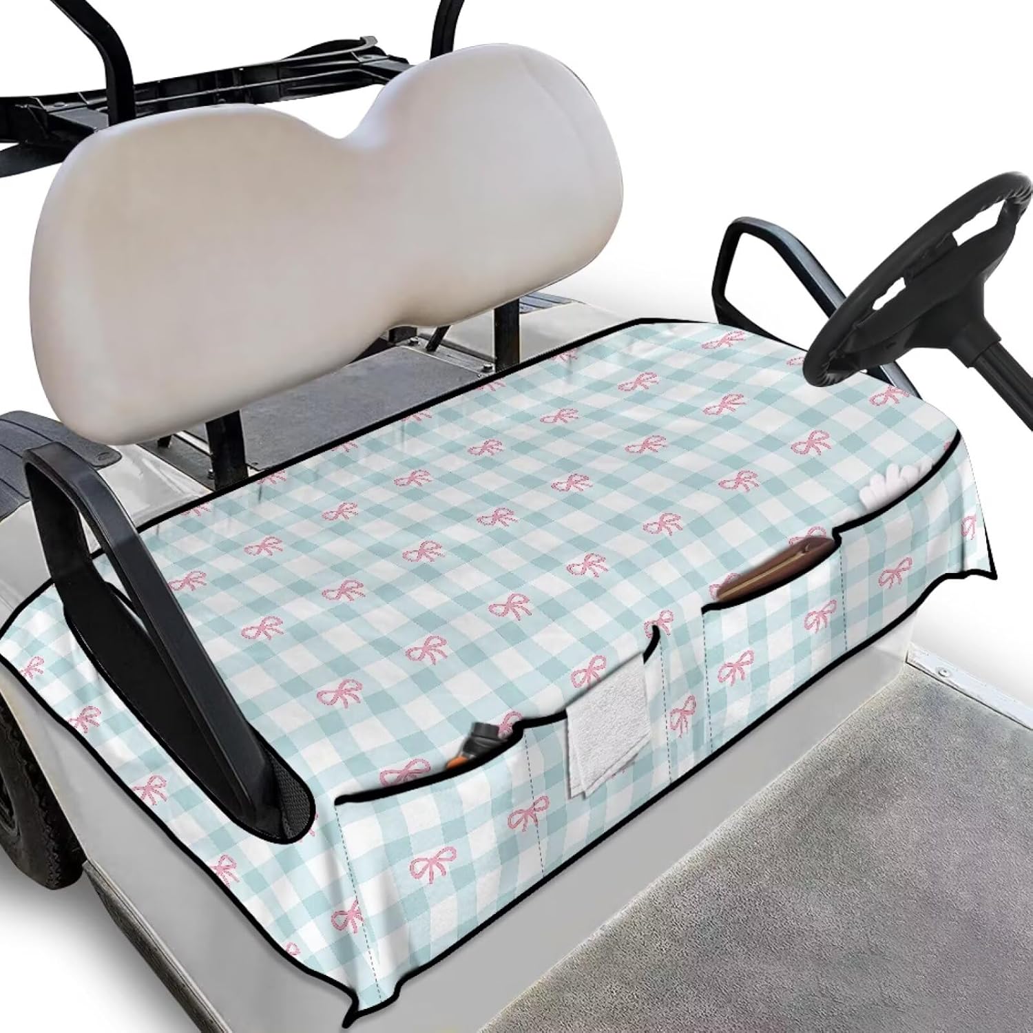 Sightseeing Golf Cart Cover with Fall Pocket - Convenient, Seat Protector for EZGO Club Car Yamaha, Ideal Gift for Gift Givers, Fall Golf Cart Decoration/Plaid/Pink Bow