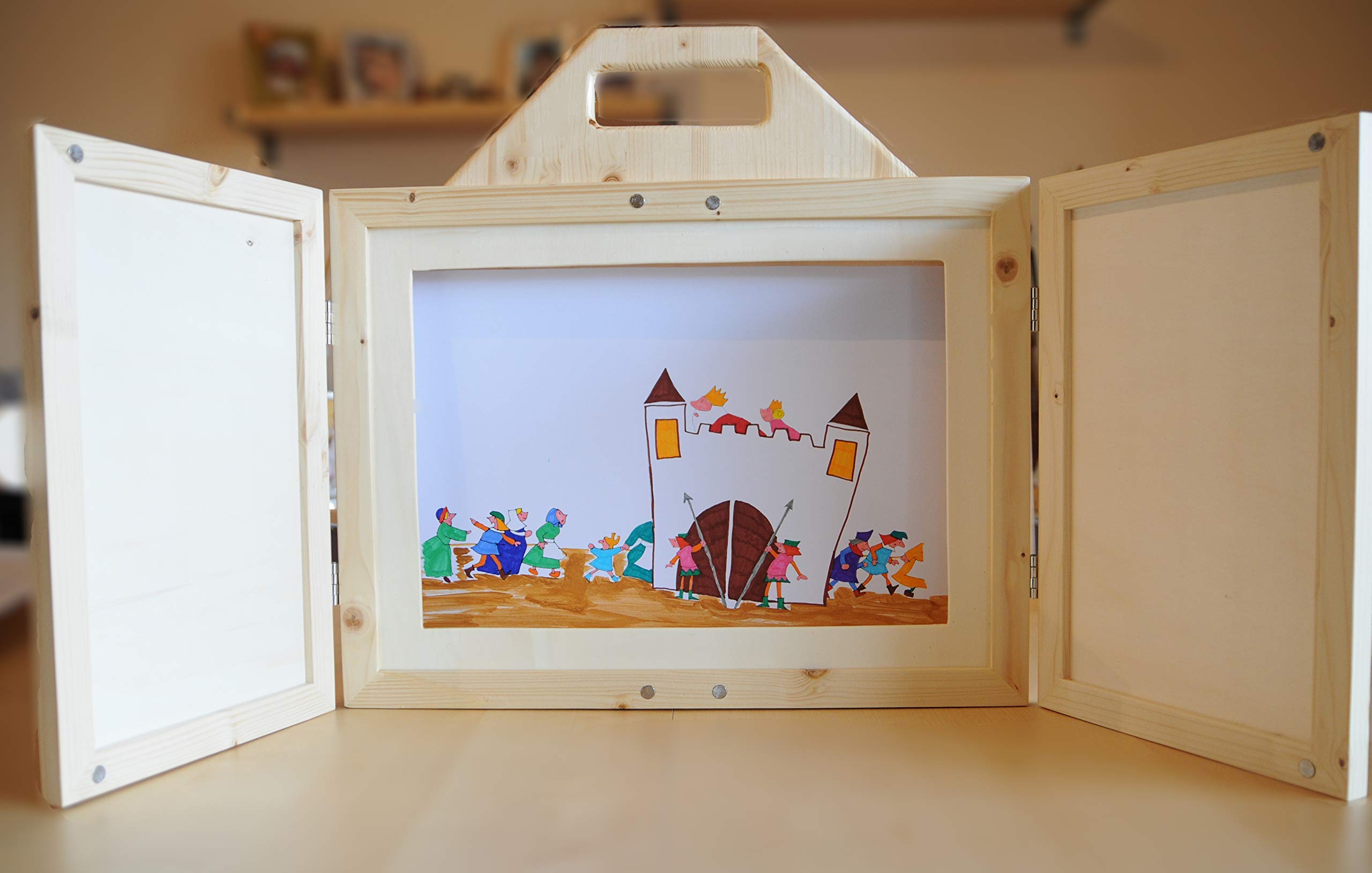 Teatrino in Legno fatto a Mano, Gioco Portatile per Bambini. Kamishibai. Teatro Giapponese delle Ombre + Scatola con Personaggi, Marionette in Legno "Animali nel Bosco".