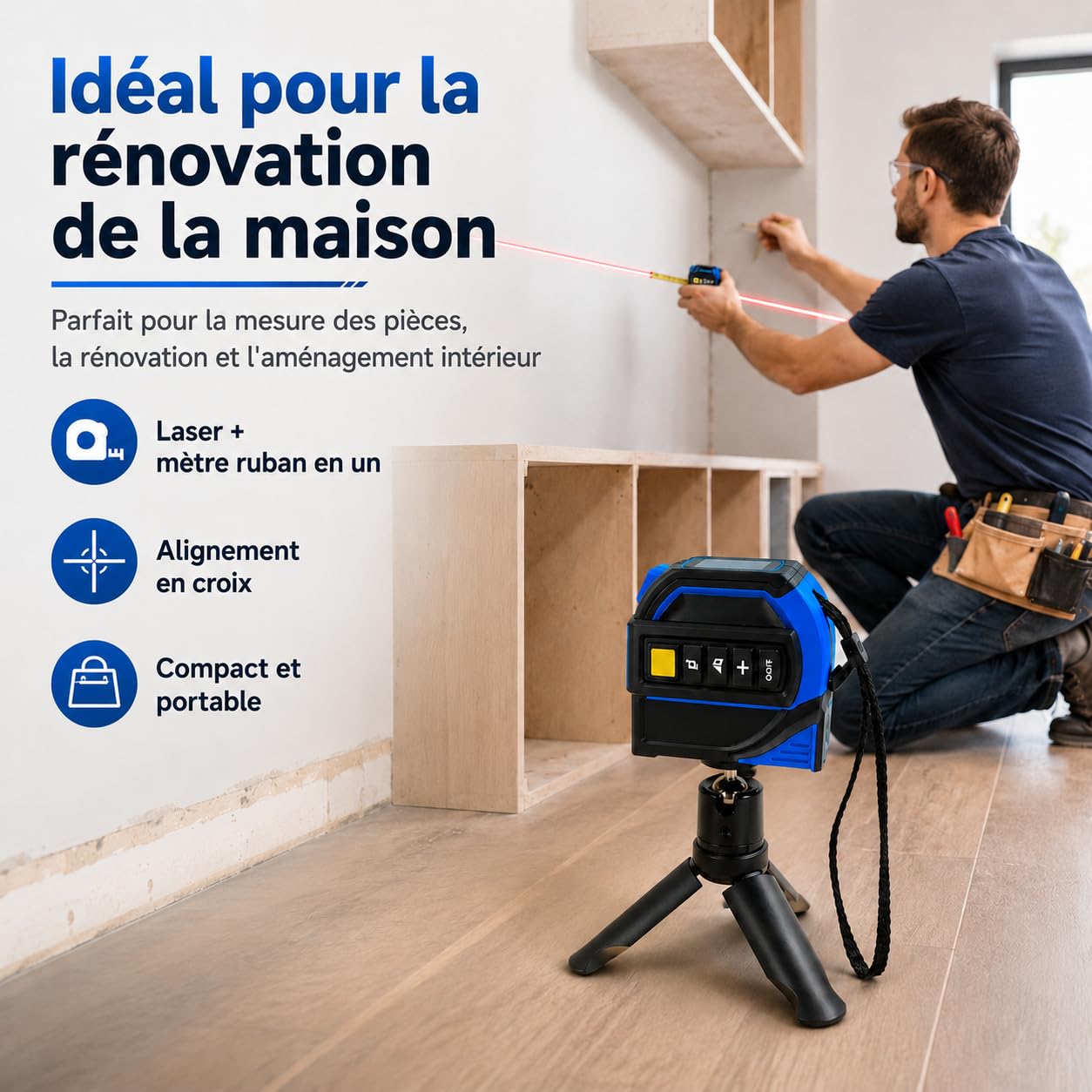 Télémètre Laser 40 m, mètre Laser 4 en 1 avec Ruban de Mesure de 5 m, Laser 40 m, réticule Laser 16 m et trépied pour mesures de Surface, théorème de Pythagore et nivellement