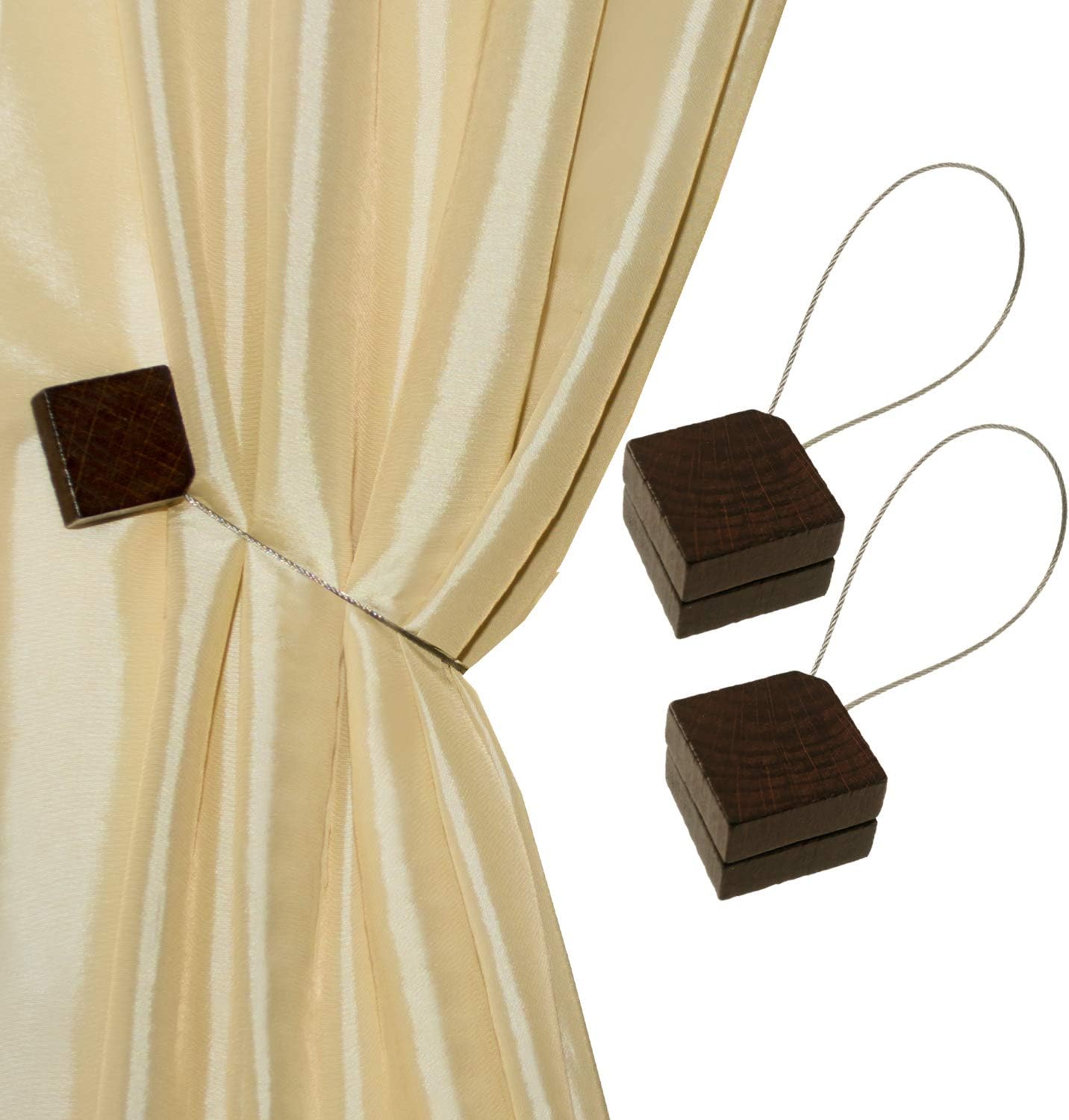 Curtain Tiebacks or Holdbacks, Curtain Clips - Magnetic Wood Buckle, Set of 2, Quadra (Chocolate)