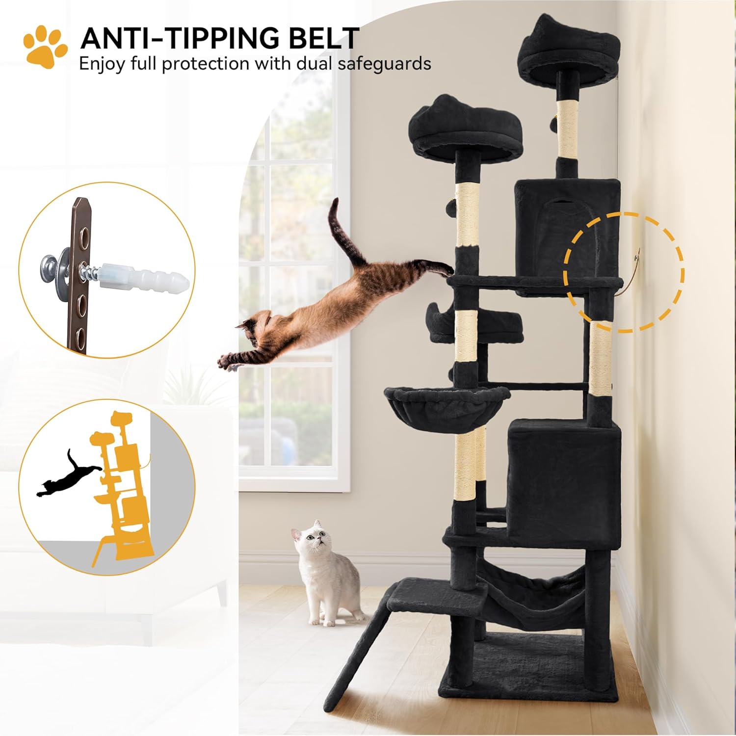 YITAHOME Tall Cat Tree for Indoor Cats, 75 inch Multi-Level Cat Tower with Cat Condos, Top Perches, Sisal Ramp Scratching Posts, Cozy Basket, Hammocks, Large Cat Pet Activity Structure, Black