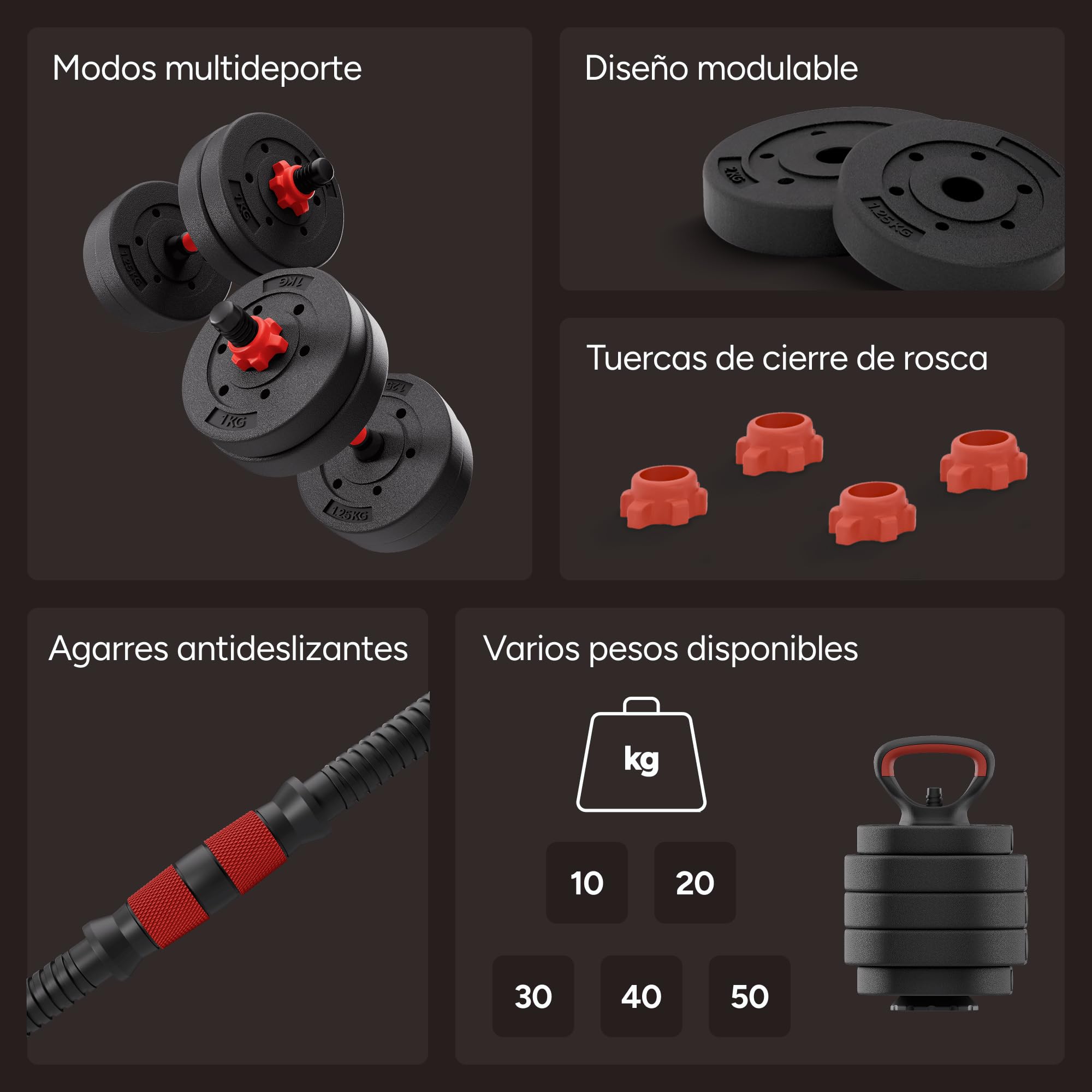 KSIX Kit de Pesas Ajustable 4 en 1, Mancuernas y Pesas Rusas Modulares, Barras Acolchadas con Foam, Negro y Naranja, Discos Múltiples, Entrenamiento Muscular Completo