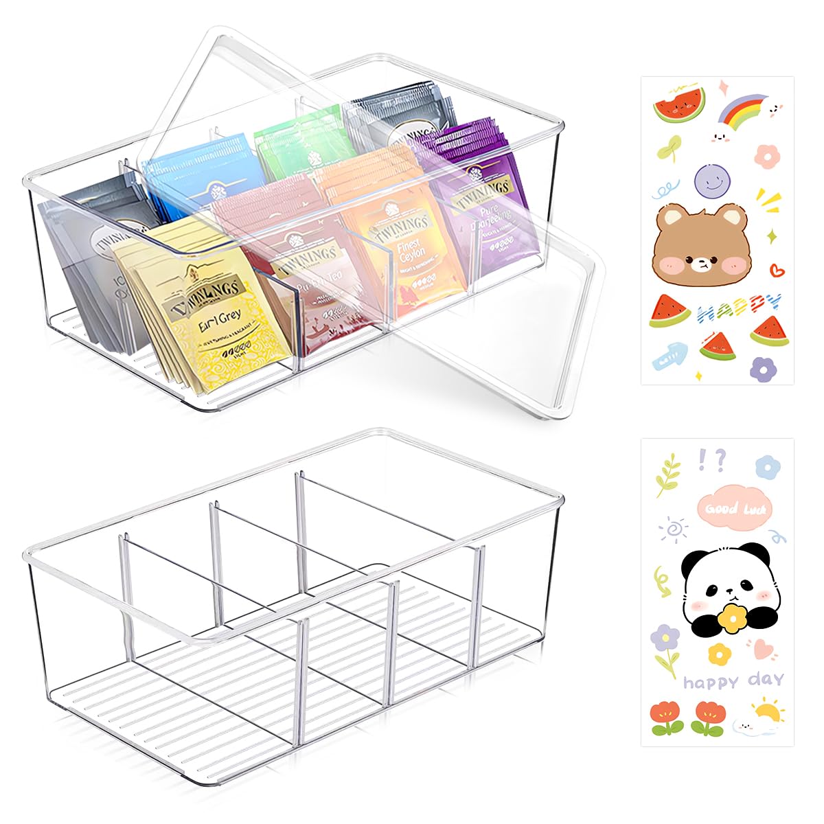 2 Pcs Plastic Tea Bag Organizer with Lid, Clear Stackable Tea Packet Storage with 4 Drawers and 2 Stickers, Divided Tea Bag Holder for Coffee Sugar Snacks, Acrylic Tea Box for Kitchen Office Pantry