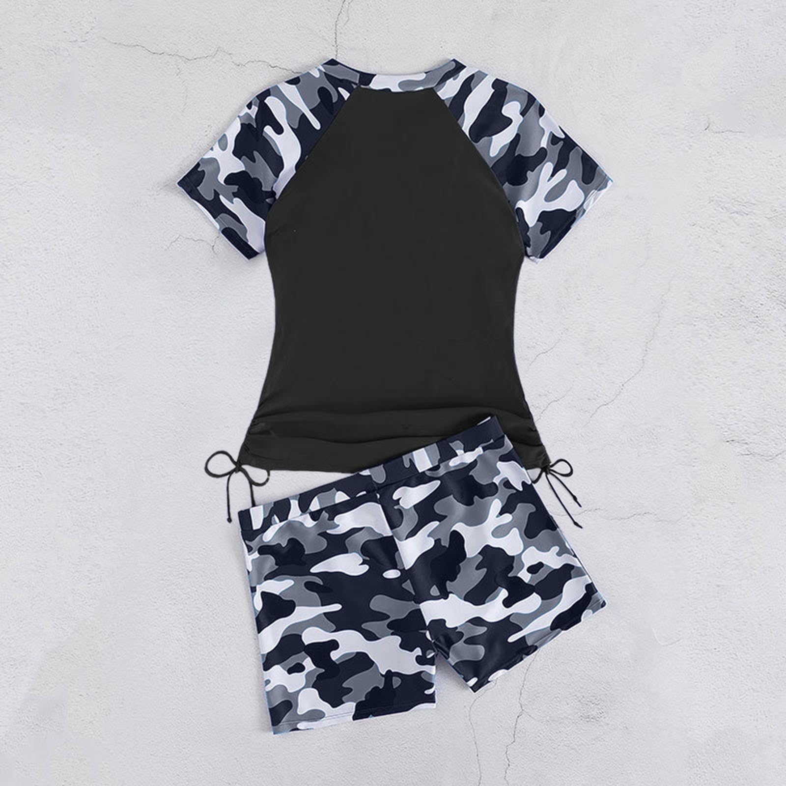 Bikini damski dwuczęściowy strój kąpielowy z krótkim rękawem Rash Guard koszula do pływania z szortami u dołu, czarny, XL