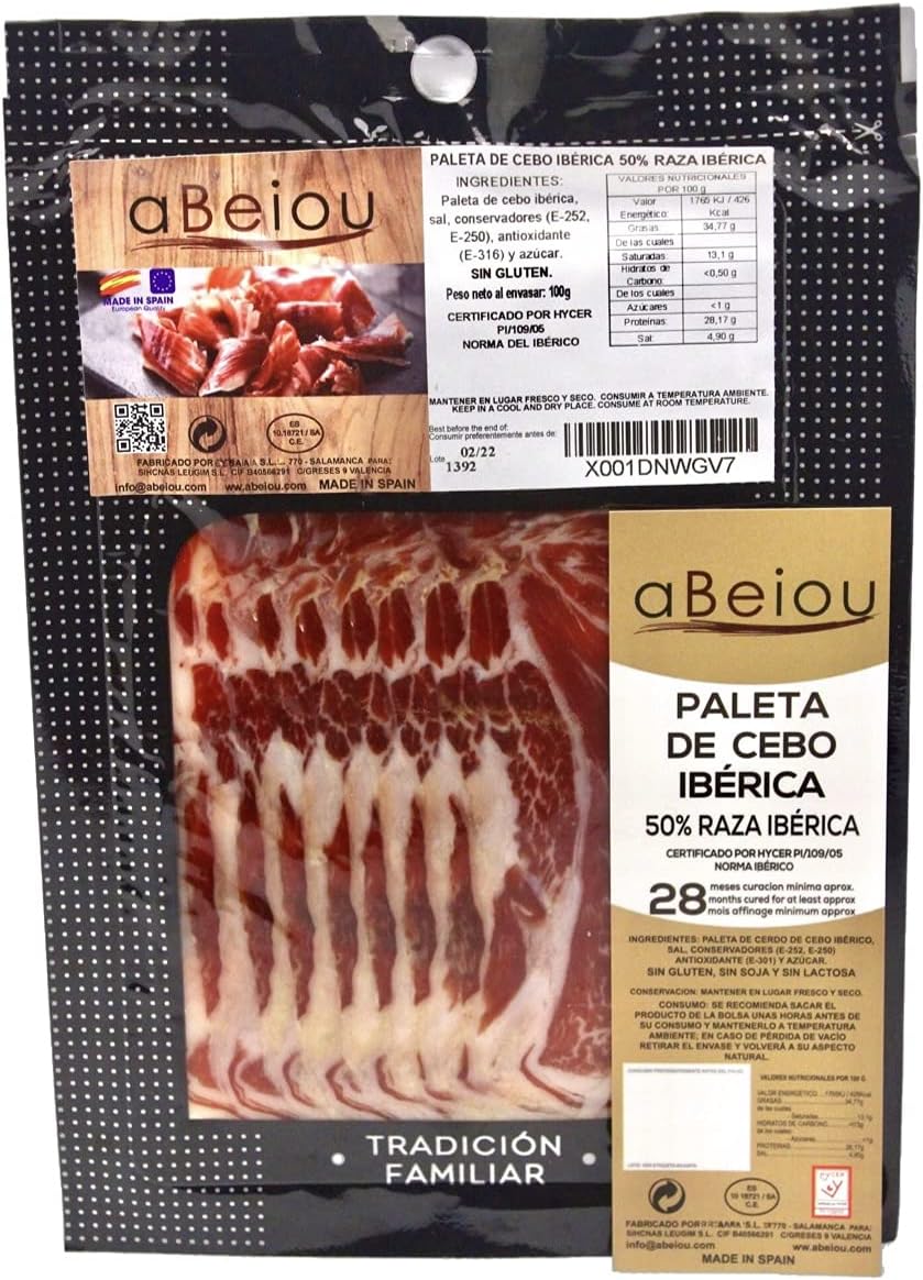 Iberian Ham (Shoulder) Sliced 100 g (1 sobre) — Cured +28 Months — Hycer Certified — Pata Negra — Jamón Ibérico — Guijuelo Spain — aBeiou