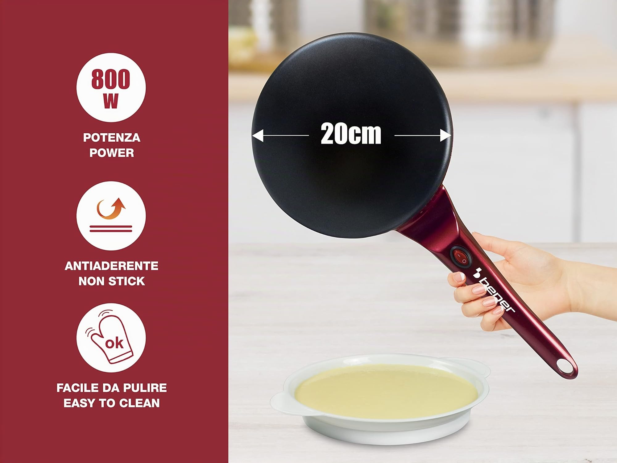BEPER BT.710Y Crepera eléctrica con mango, 800W, Placa antiadherente, Espátula de madera incluida, Rojo