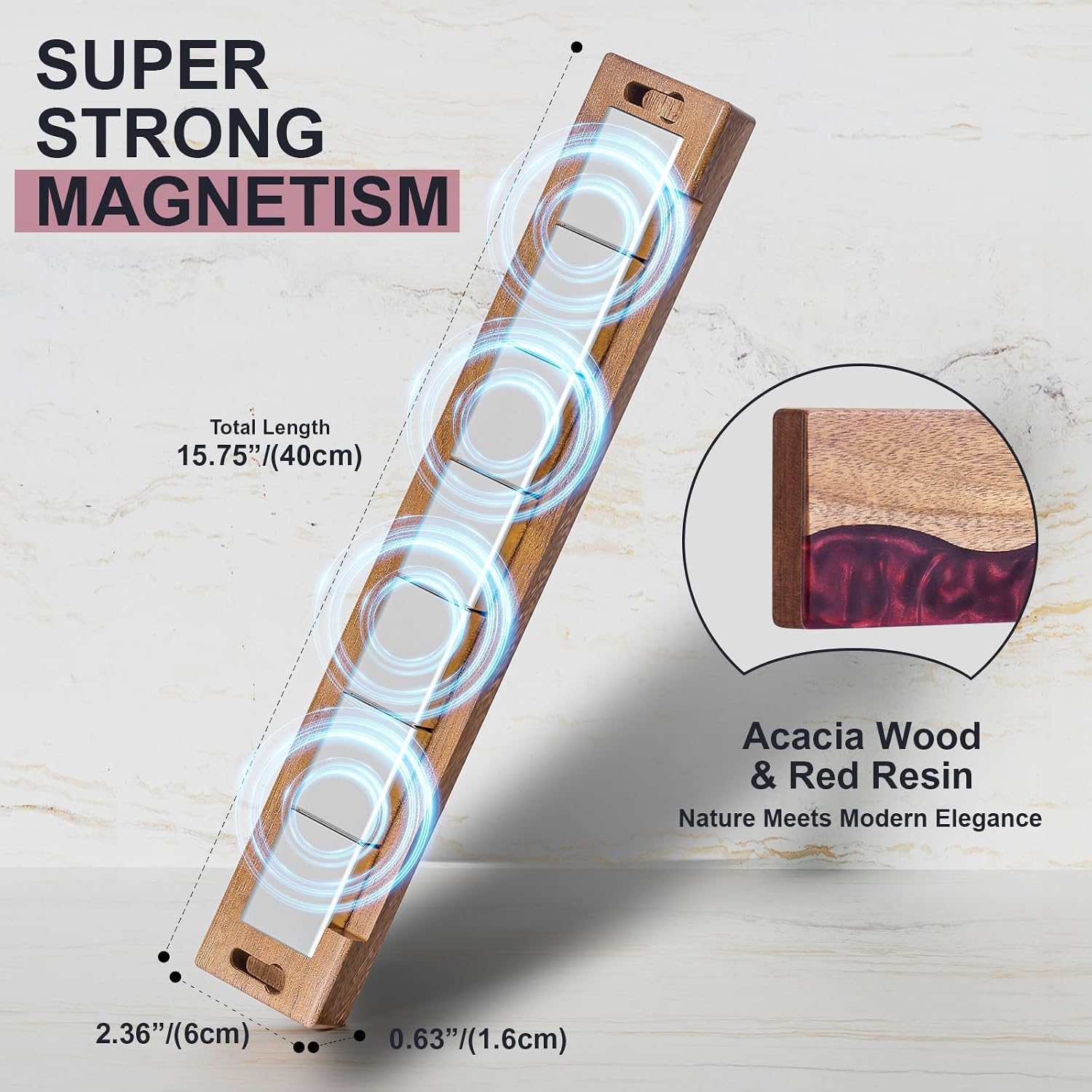 Magnetic Knife Holder for Wall, 16 Inch Acacia Wood & Red Resin Strip image 4