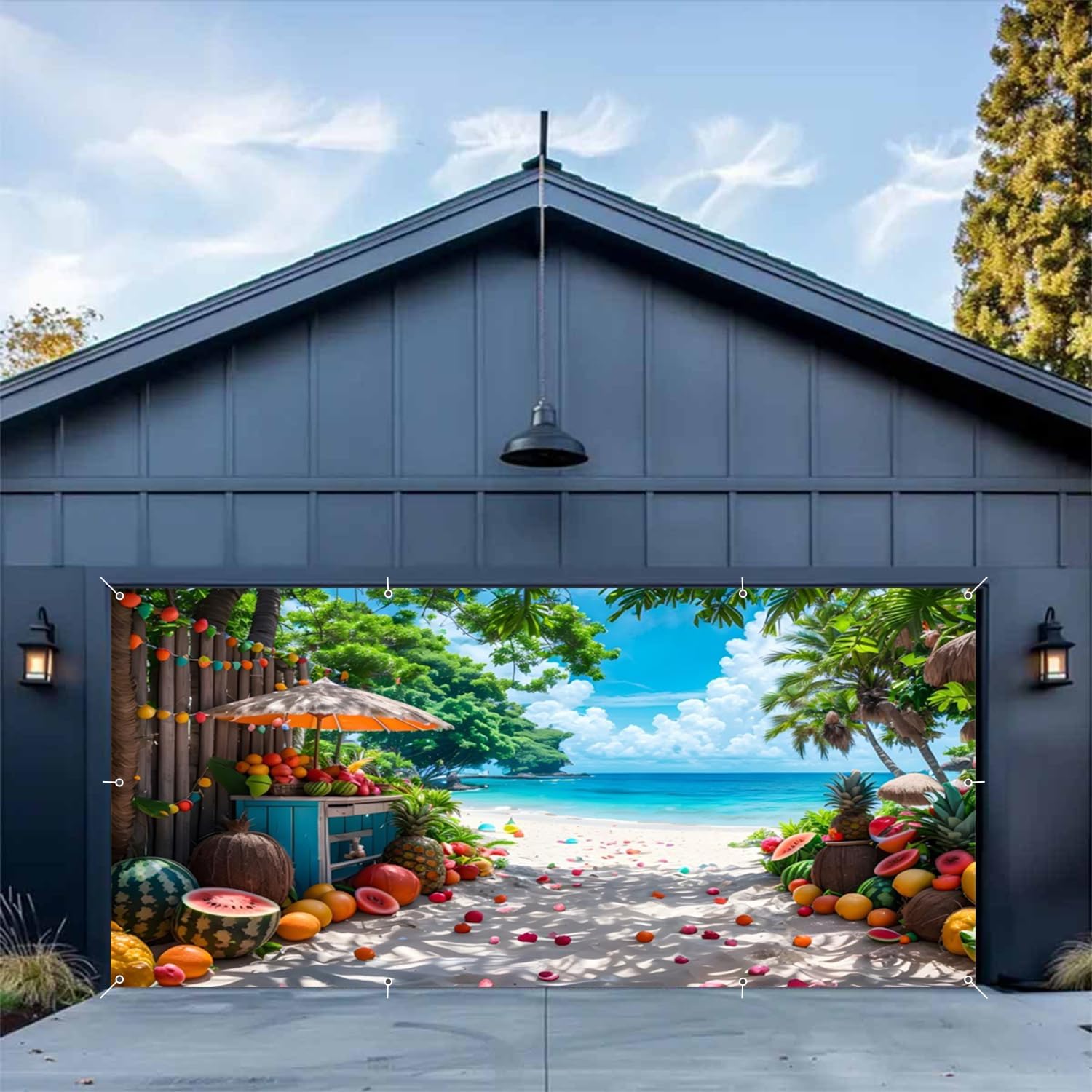 7x16ft Summer Garage Door Banner Decoration Tropical Beach Double Garage Door Cover Fresh Fruits Palm Trees Backdrop for Photography Large Hawaiian Garage Door Decorations for Luau Party