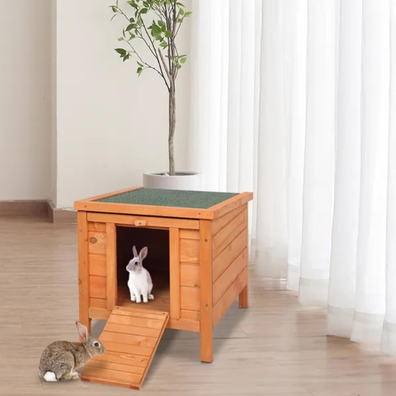 20 Inch Wooden Waterproof Rabbit Hutch Bunny House Small Animal Pet Habitat with Ramp Door Natural Wood Color