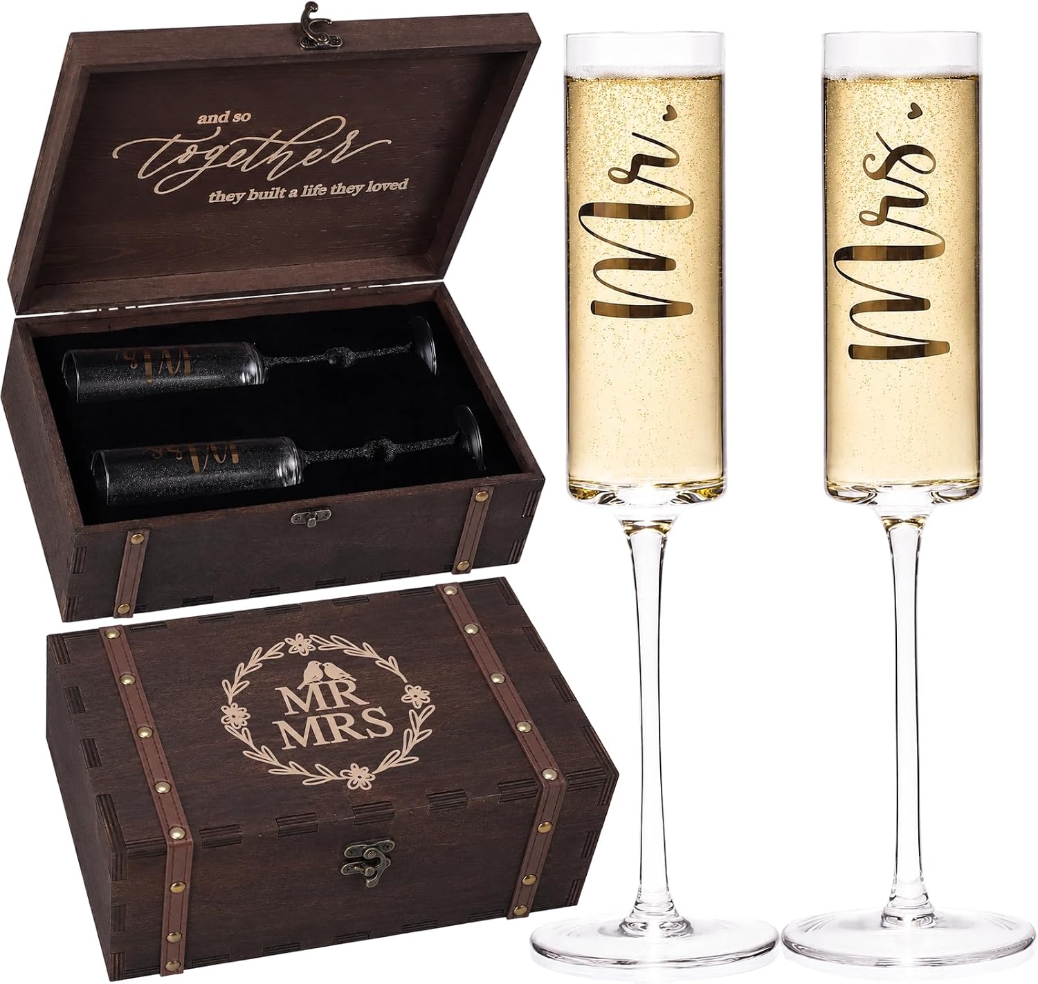 Mr. & Mrs. Champagne Flute Set of 2 with Wooden Box – Engagement Gifts for Couples, Bridal Shower & Wedding Anniversary Toasting Glasses for Bride and Groom