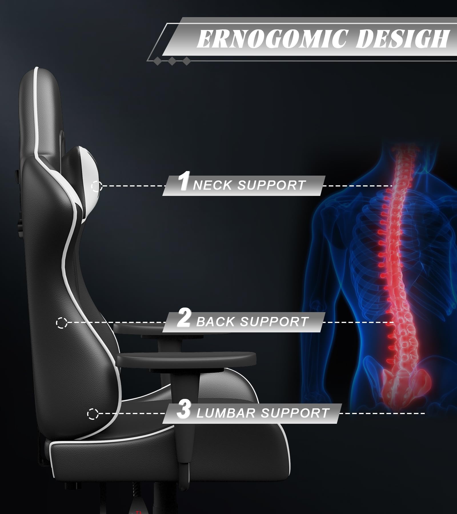 bigzzia Gaming Stuhl Computerstuhl Ergonomisch - Gamer Stühle mit Lendenkissen + Kopfstütze Höhenverstellbar Gaming Chair für Mädchen Junge Erwachsene (Weiß)