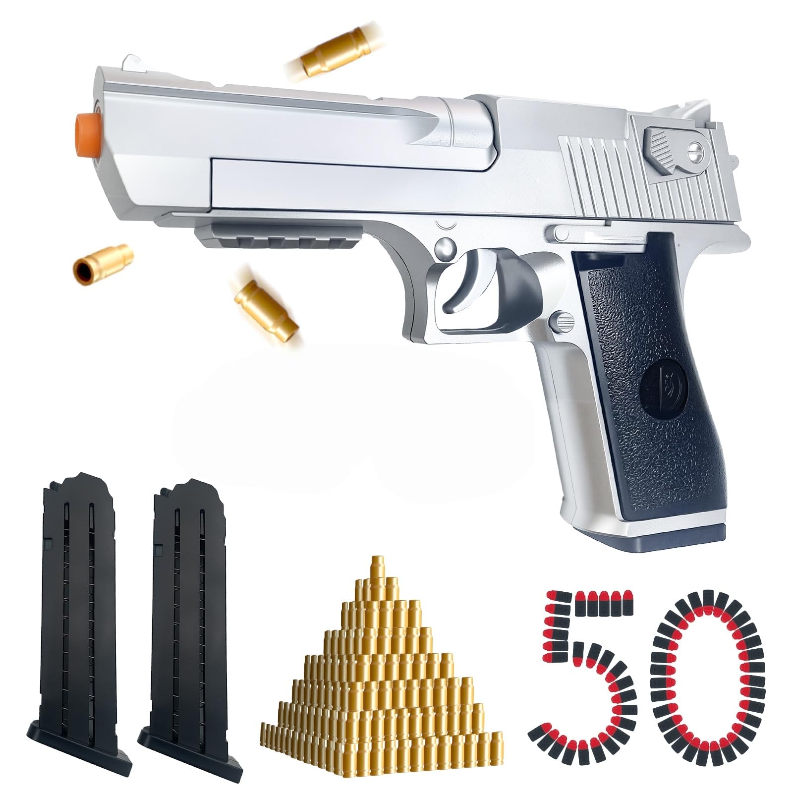 Silver Tactical Foam Blaster Pistol - Shell Ejecting Toy Gun for Ages 6+ with 50 Safe Bullets & Goggles - 32ft Range Airsoft Alternative - Nerf Competitor - Camping Party Indoor Outdoor