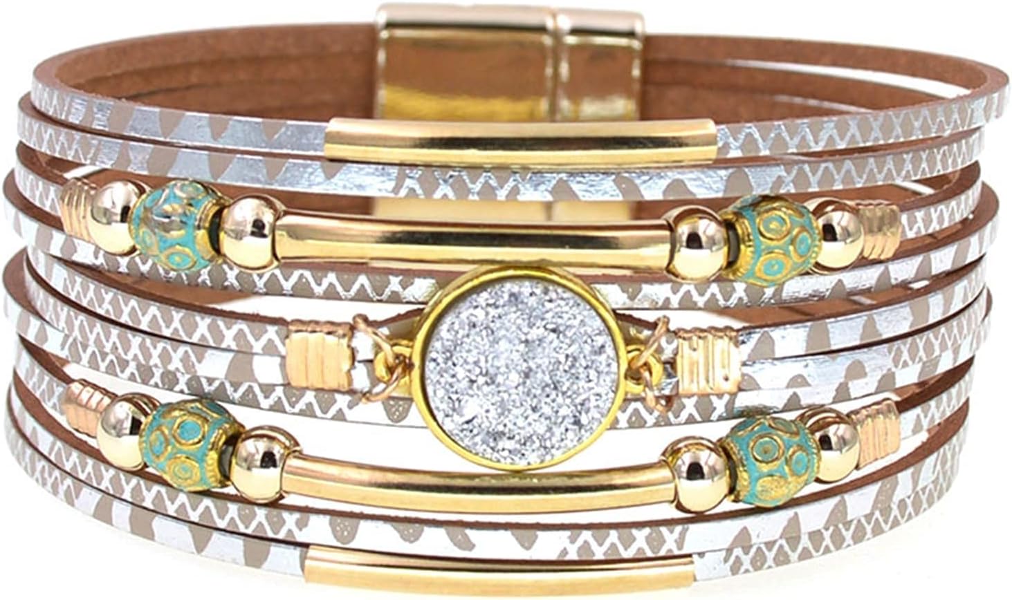 女性用ブレスレットブレスレットラップブレスレット女性用ジュエリーレザーブレスレット 長さ 19cm メタルカラー