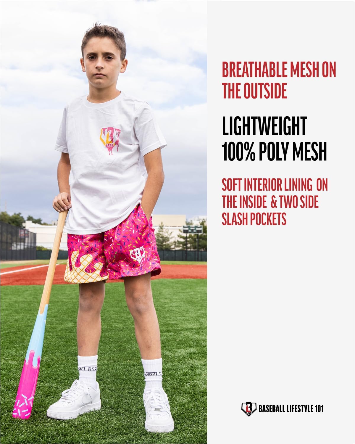 Baseball Lifestyle 101 Boy's Ice Cream Strawberry Mesh Shorts w/Side Pockets Elastic Waist, 5 in Inseam, Youth Sizes S-XL - Image 5