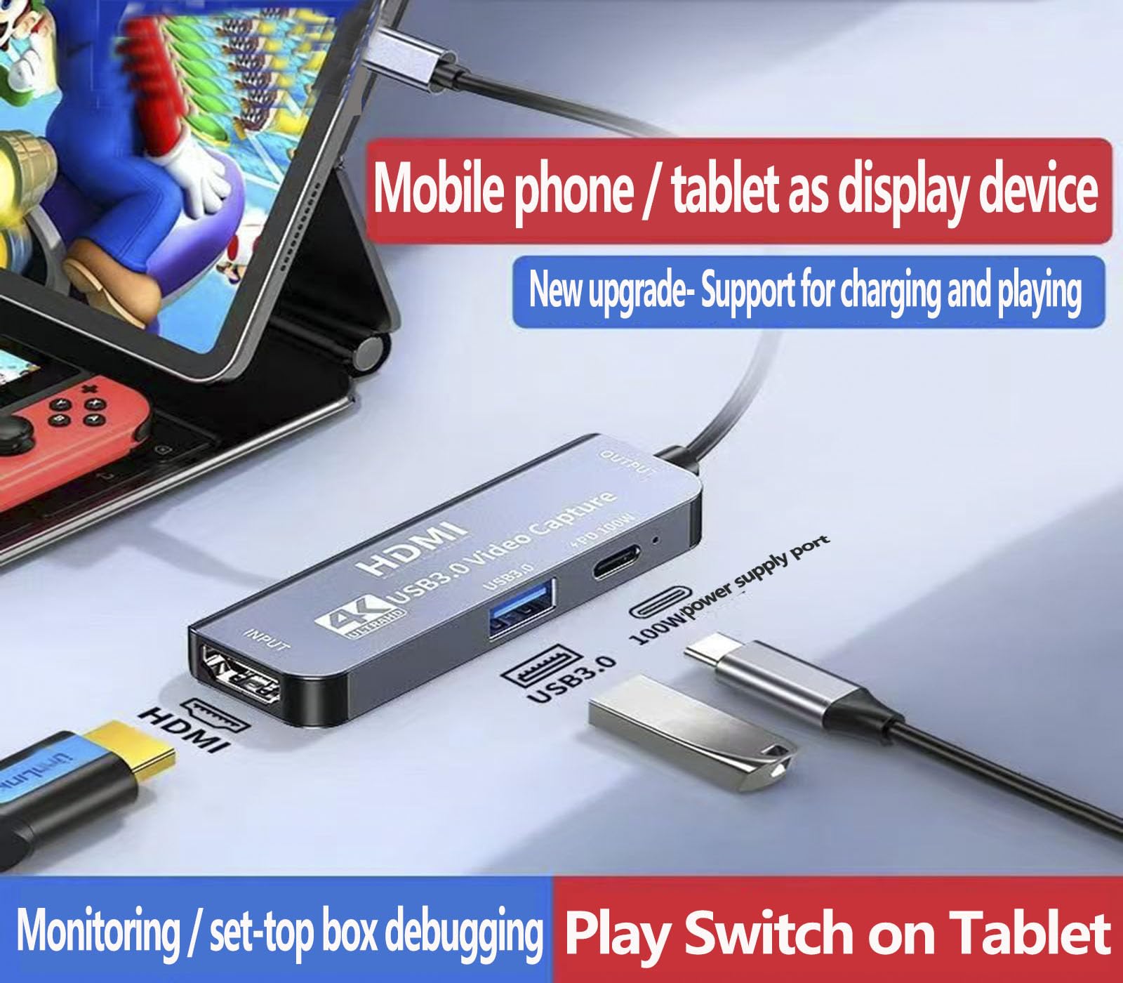 Tarjeta de captura de video HDMI 4K con USB 3.0 y 100 W PD, HDMI a USB/USB C soporta entrada 4K a 60Hz y salida 1080P HD Live and Record Video Audio Game MS2130 para sesiones, cursos, juegos