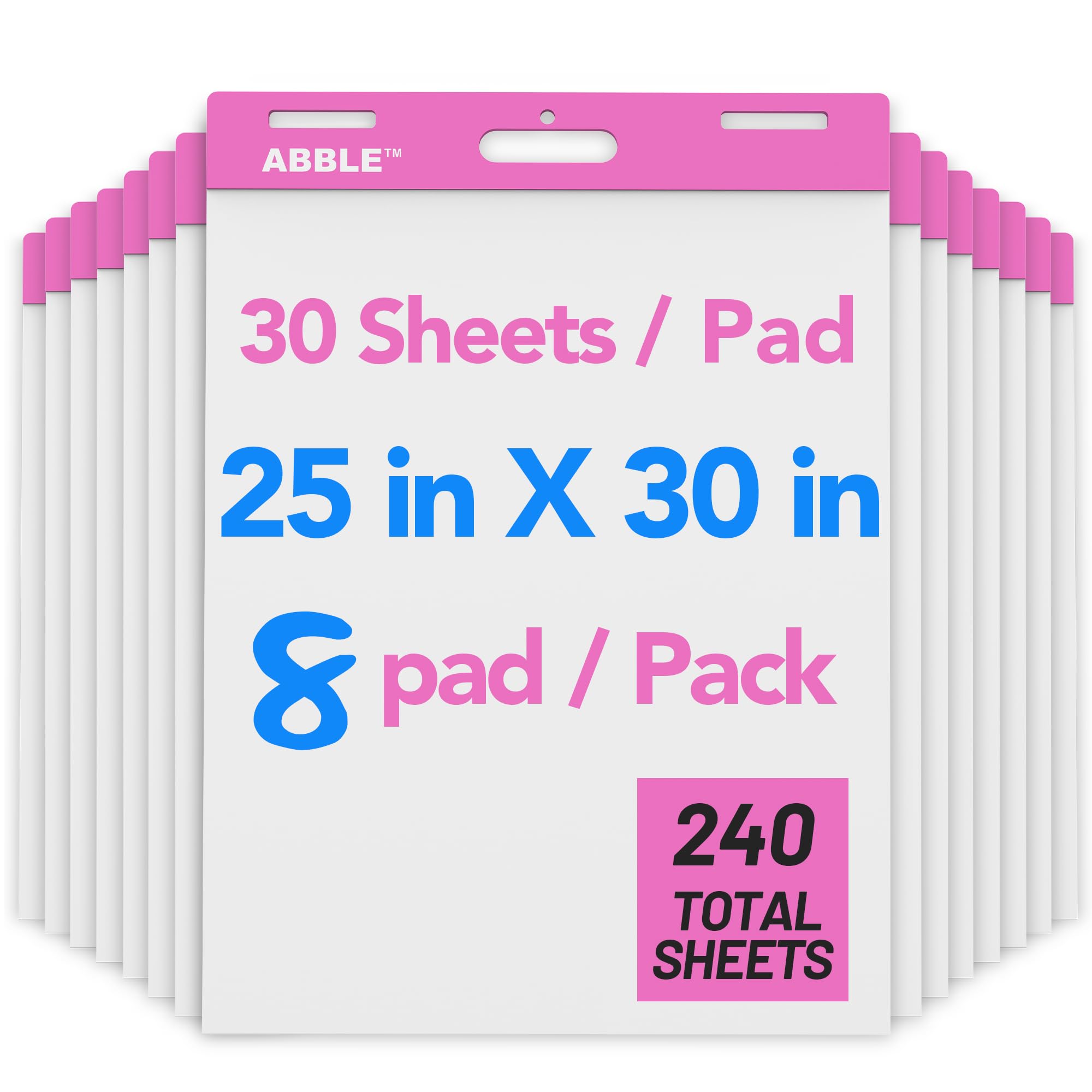 Super Sticky Staffeleiblock, 63,5 x 76,2 cm, 30 Blatt/Block, 8 Blöcke/Packung (Rosa), großes selbstklebendes Flipchart-Papier für Whiteboards, hochwertiges weißes Kartenpapier für Lehrer, Büro und