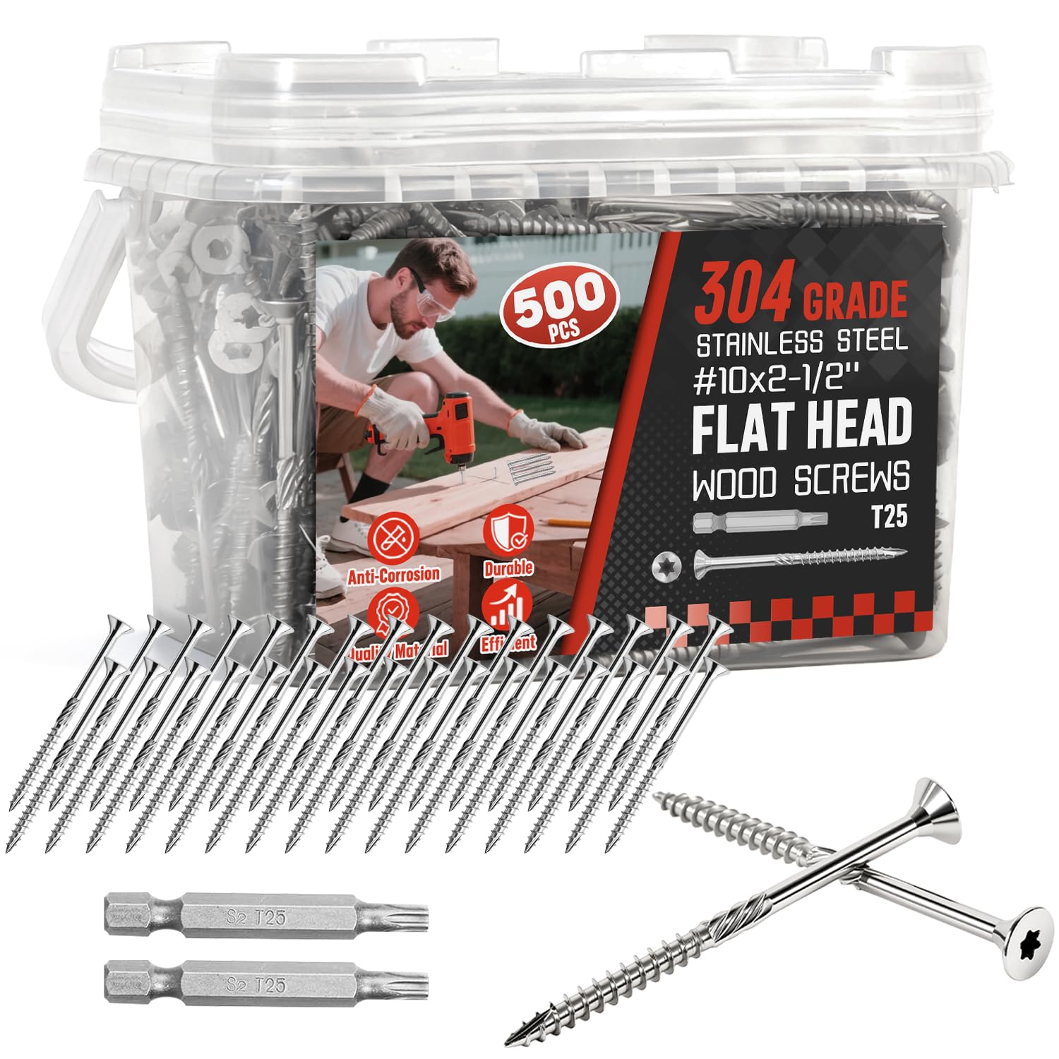 #10x2-1/2 Inch 304 Stainless Steel Deck Screws 500 PCS - Corrosion-Resistant Outdoor Wood Fasteners for Fences, Decks, Wood Project - T25 Star Drive