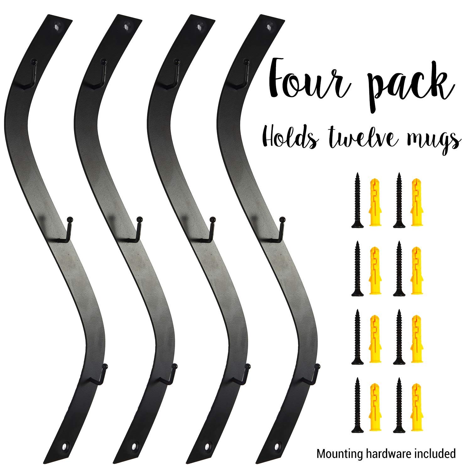 SoCal Buttercup Coffee Mug Wall Rack - Metal mug racks for Wall - Unique S Curve Design - Coffee Cup Hanging Holder - Teacup and Mason Jar Hanger Display Holder