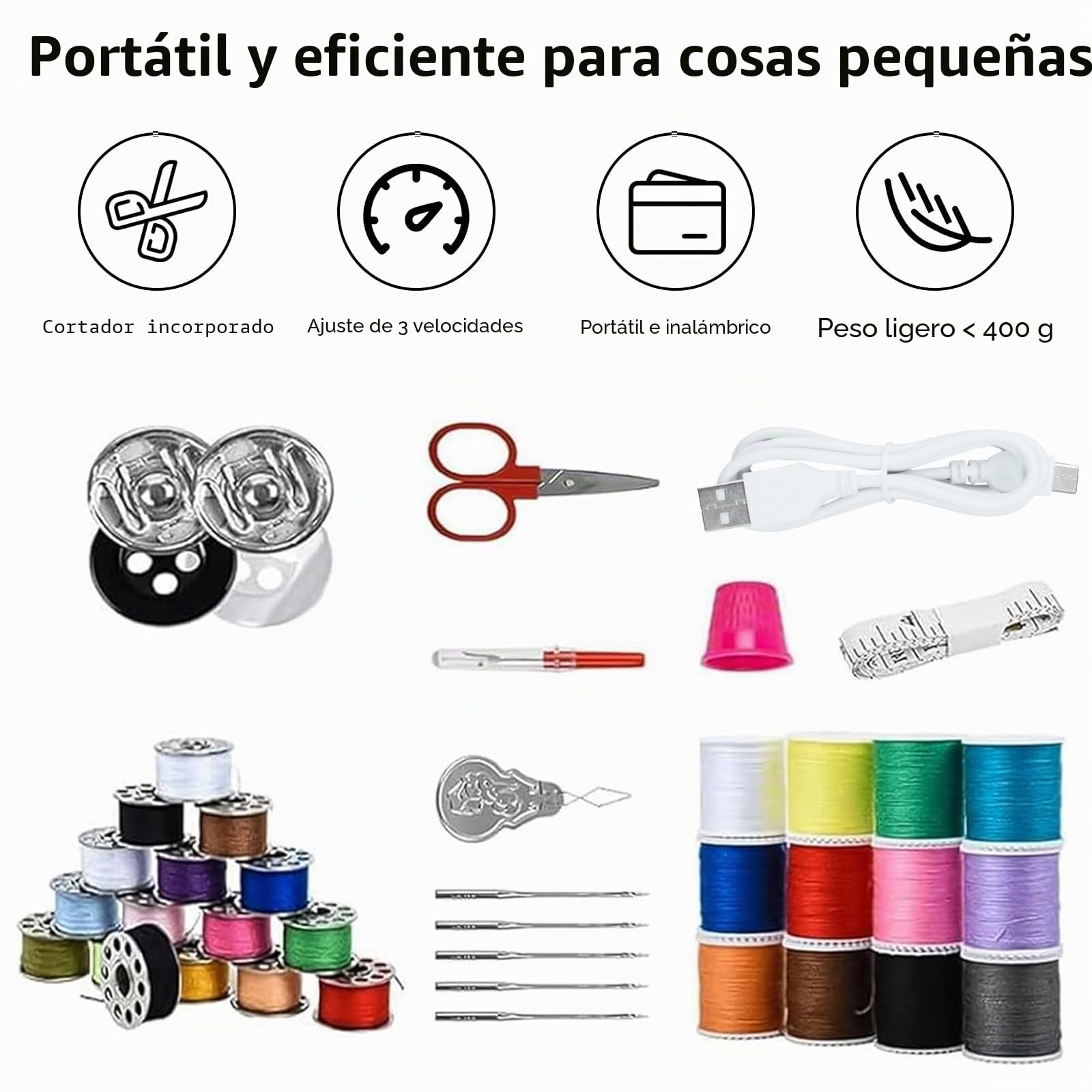 Máquina de coser eléctrica portátil con manivela recargable con bloqueo de seguridad e indicador de carga, 3 velocidades para coser con accesorios para principiantes, reparación rápida de ropa