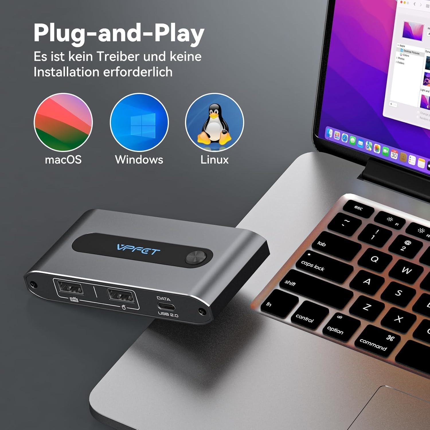 VPFET USB C KVM Switch 2 PC 1 Monitor HDMI 4K 60 Hz przełączniki KVM dla dwóch laptopów i Macbooka 100W PD do współdzielenia 1 zestawu klawiatury, myszy i pojedynczego monitora (szary)