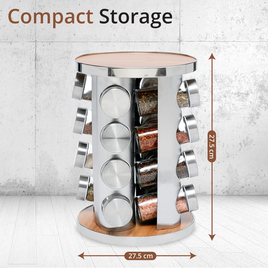 Rotating Spice Rack with 16 Glass Jars Stainless Steel & Wood Carousel Organizer for Kitchen Counter, Pantry, Herbs & Seasonings - Image 3