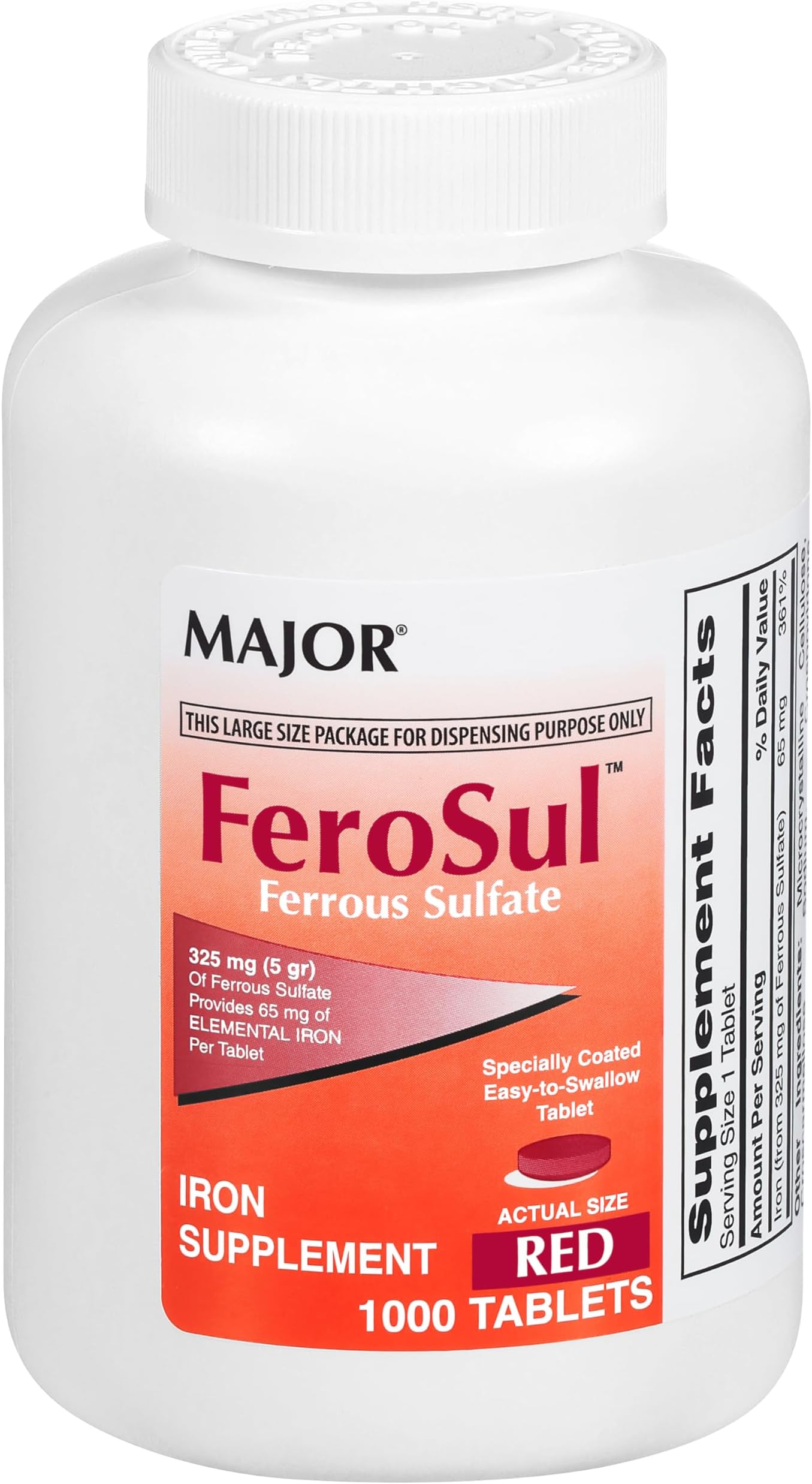 Major FEROSUL 5GR FC RED TABS Ferrous sulphate-325 MG Red 1000 Tablets UPC 309047590803