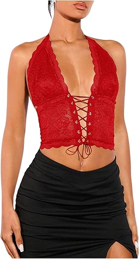 Women's Sexy Lace Corset Top Halter Neck Lace Up Front Crop Top Y2K Backless Tie Tank